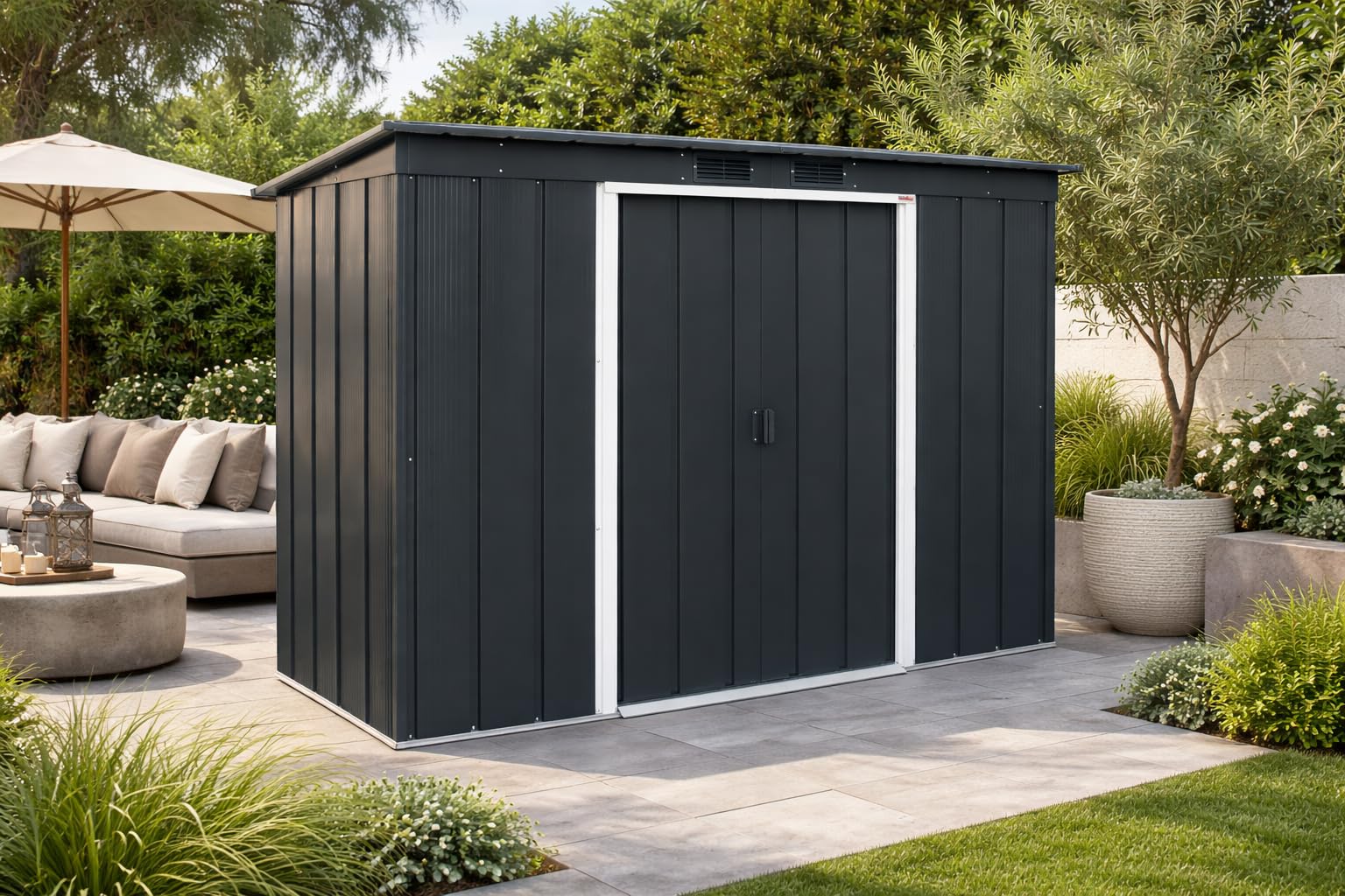 Duramax ECO 8 x 4 (2.85 m²) abri de jardin en métal à toit pentu, Abri de jardin en métal galvanisé à chaud, Abri de stockage d'outils, structure de toit renforcée, anthracite - 4