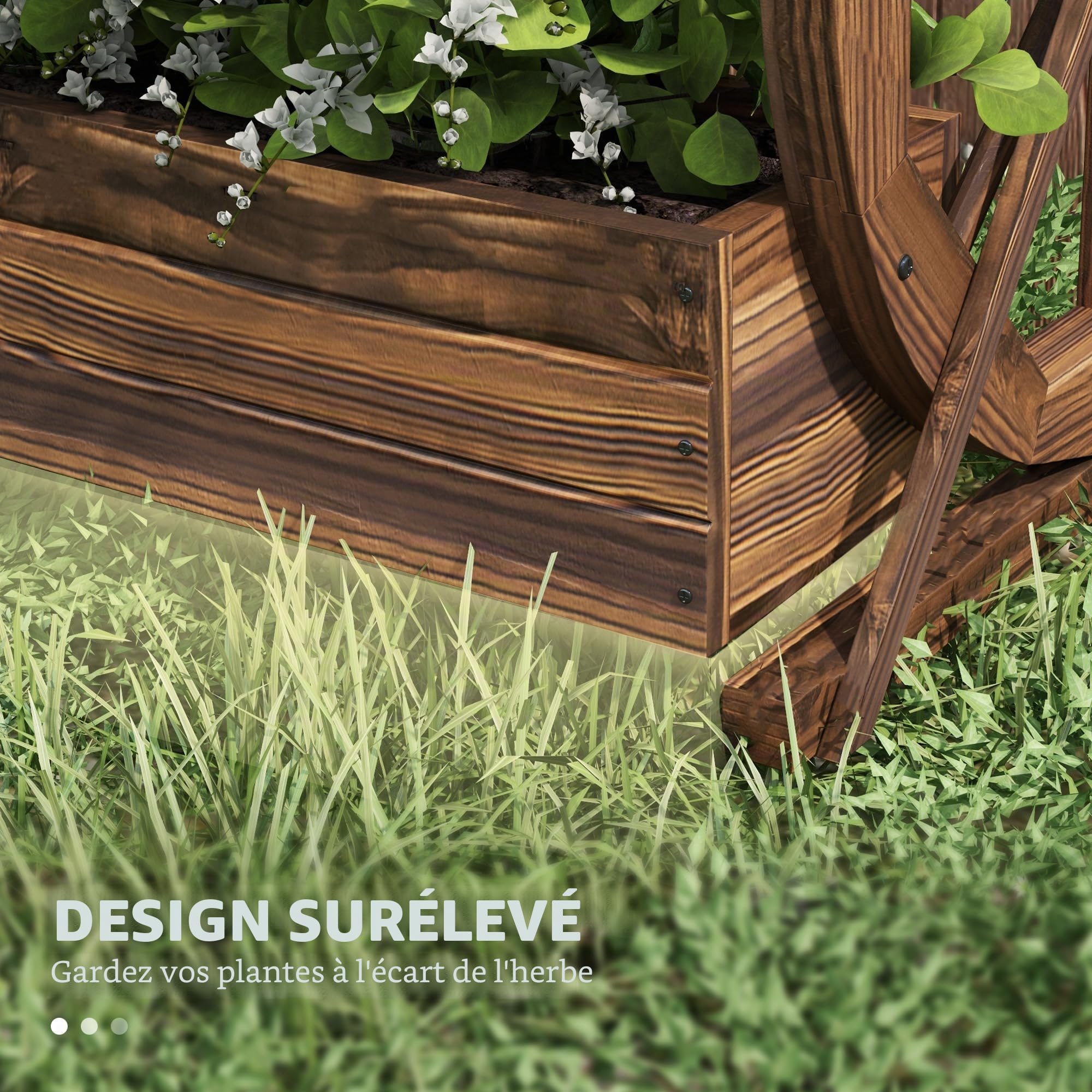 Outsunny Jardinière en Bois à 2 Niveaux pour l'extérieur, Potager surélevé avec 2 Pots et Roues de Chariot de Style campagnard, 55x32x56cm