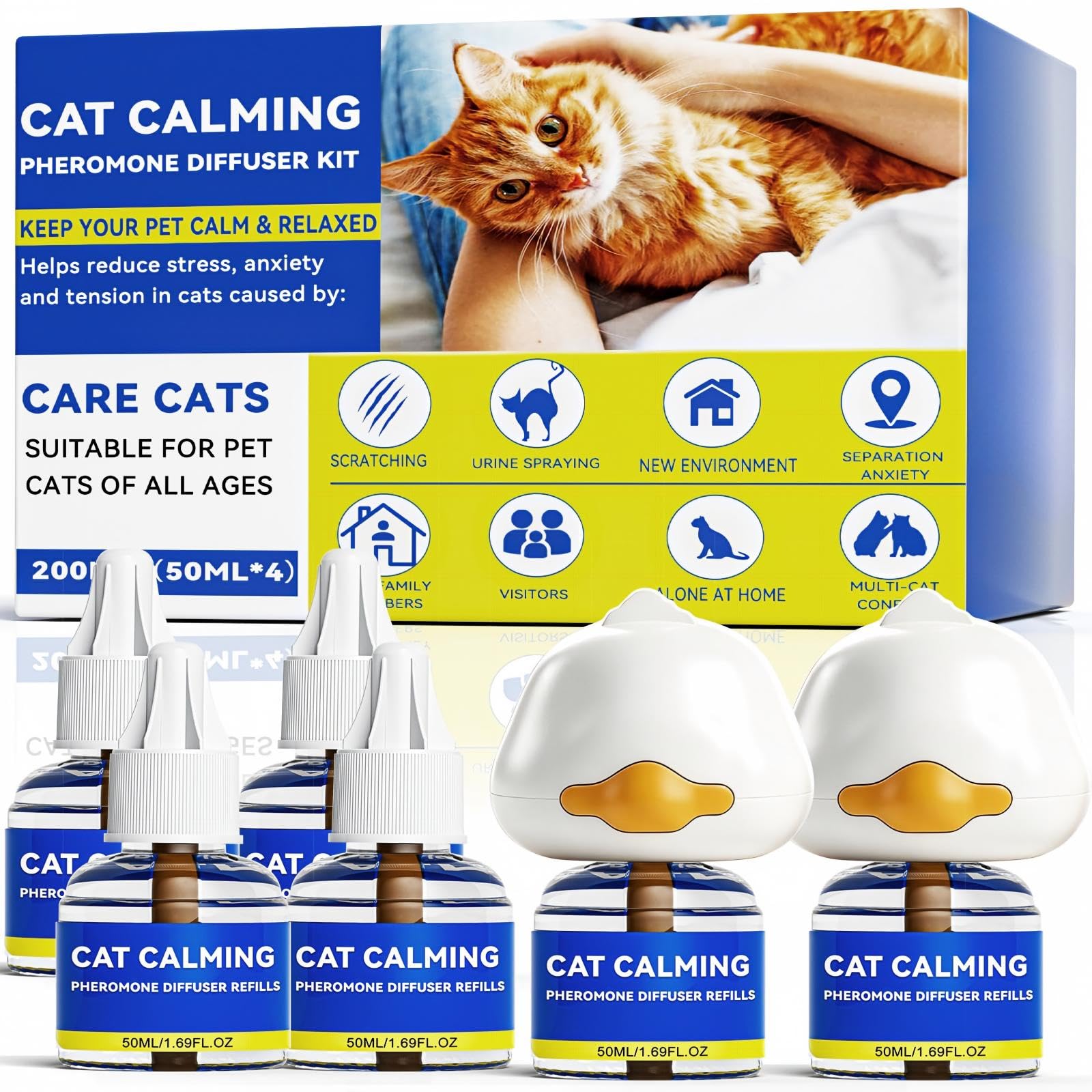 MINIBIRD Diffuseur de phéromones apaisantes pour chat – Soulagement de 30 jours (2 branchements et 4 recharges) pour tension multi-féline, réduit la dissimulation et la pulvérisation pendant le