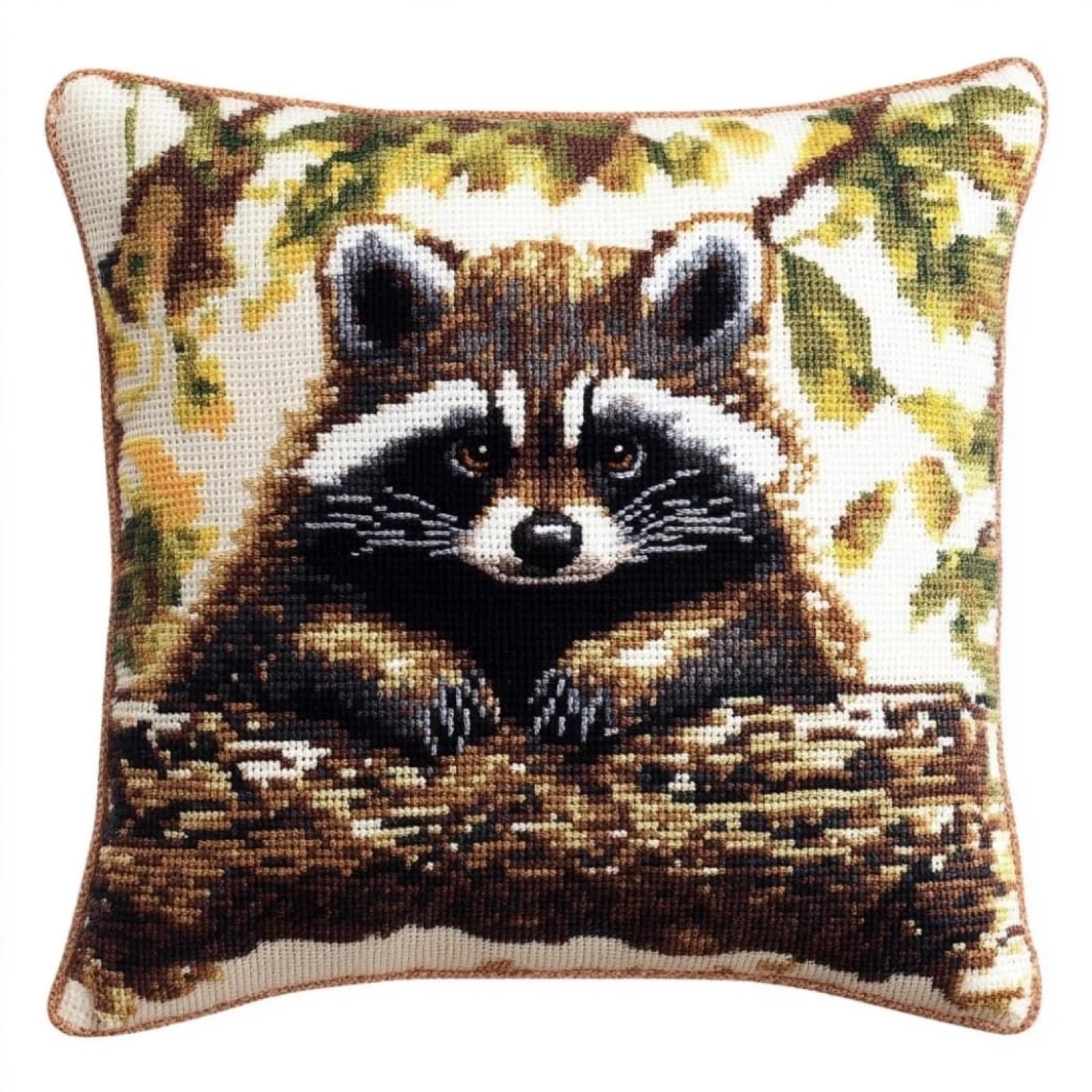 WallustrioaW Cross Stitch Embroidery Cushion Kits,Animal Raccoon Stitched Pillow Cover Kit for Adults Beginners 11ct Needlework Set Decoration 18x18in
