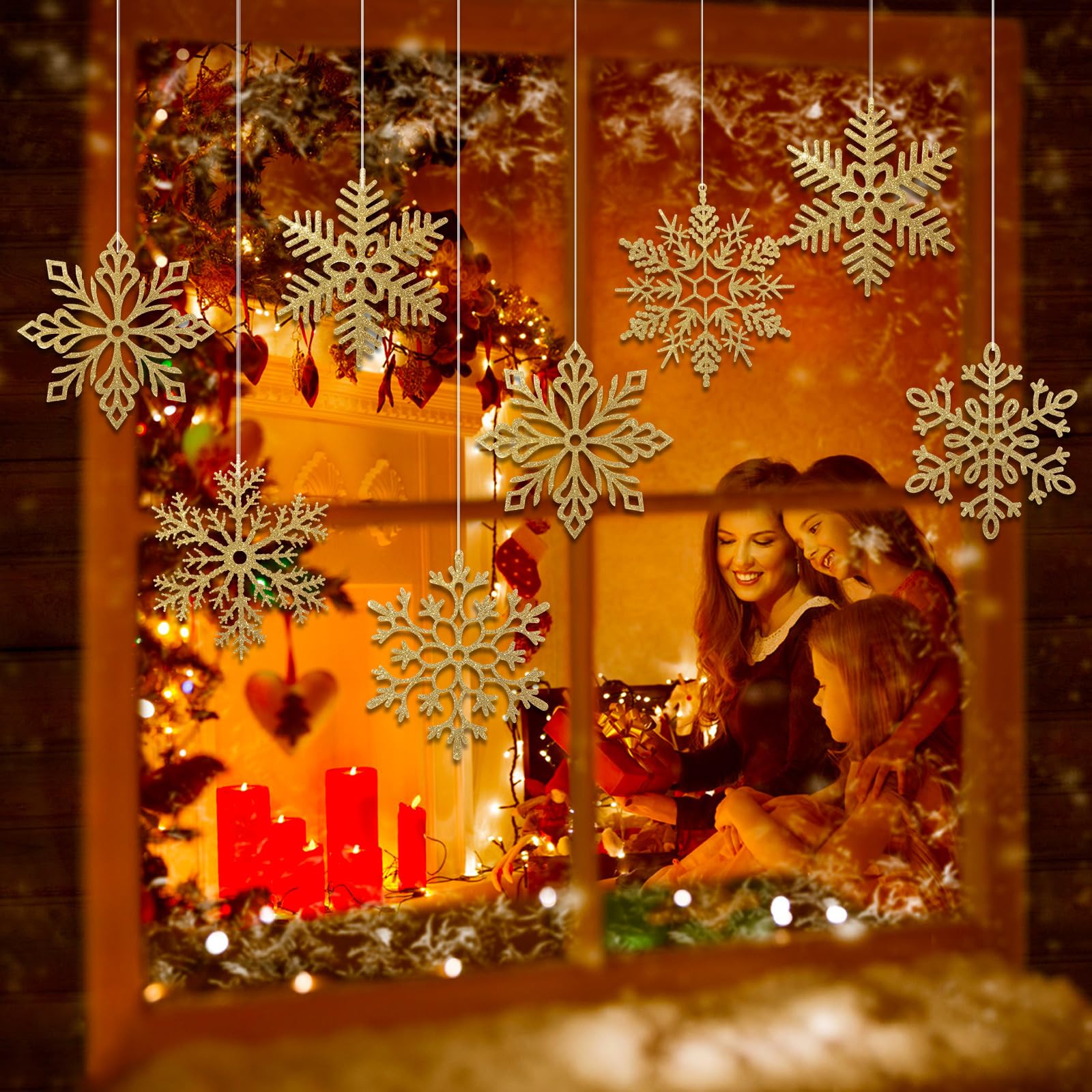 Sratte Lot de 24 flocons de neige géants à paillettes de 40,6 cm - 6 motifs - Décoration de Noël à suspendre - Flocons de neige avec fil en nylon (doré)