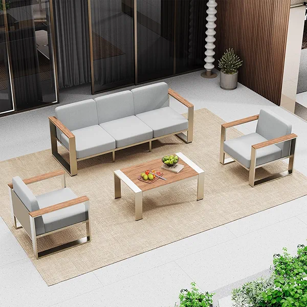 Oasbira Outdoor Patio Furniture Set, 4 Piece Aluminum Patio Furniture Set with Wide Seat and Thick Cushions, Modern Outdoor Patio Conversation Sets for Deck, Porch (Teak-Gray)