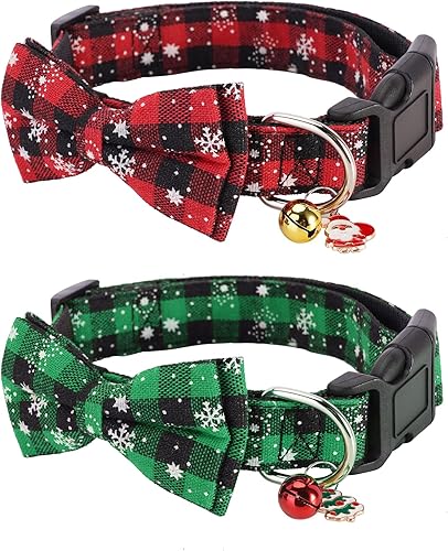 Juego de 2 collares de Navidad para perros con lazos, diseño de copos de nieve a cuadros con campanas y árbol de Navidad, Papá Noel, perro para