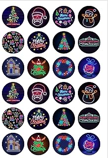 24 Pre-Cut Round Neon Christmas Xmas Themed Edible Wafer paper Cake Toppers Decorations