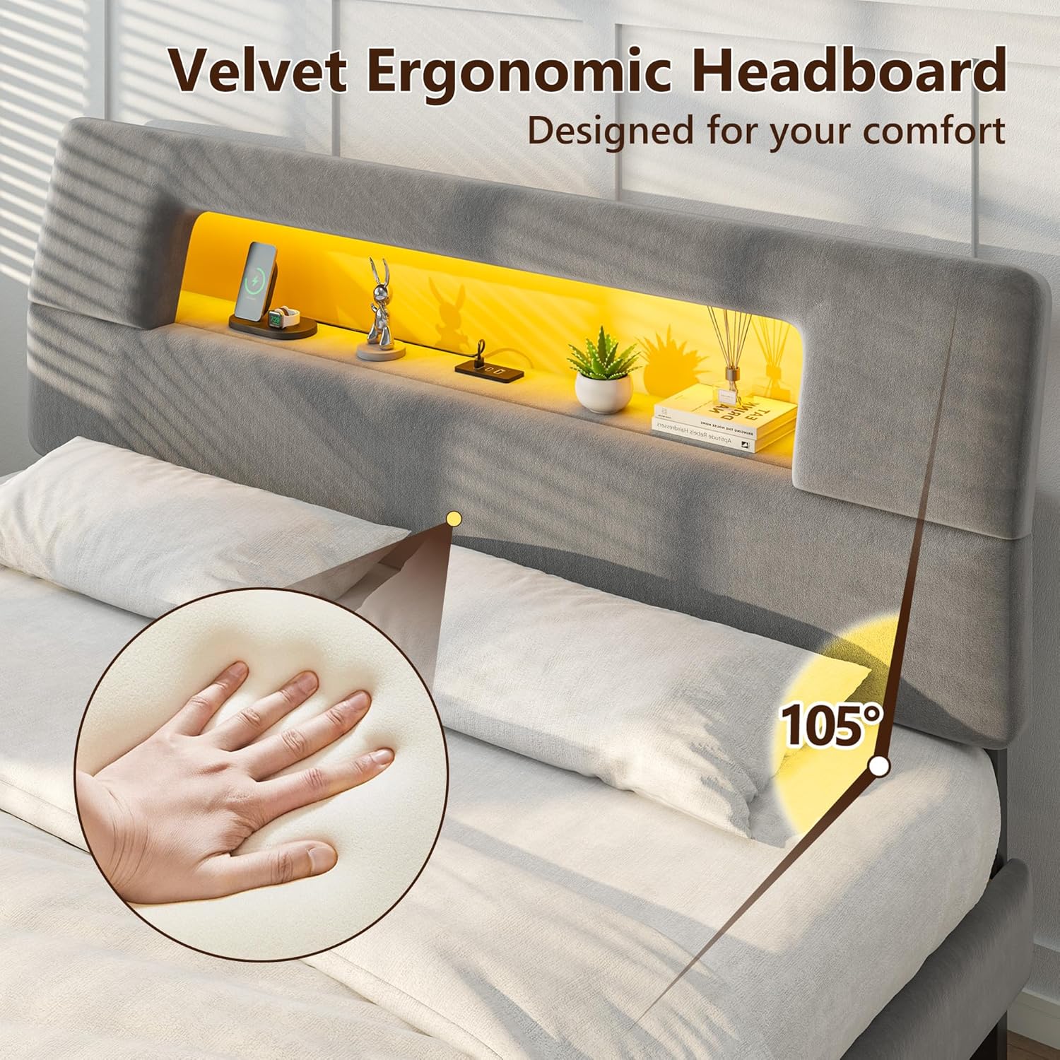 Homkdom King Bed Frame with Ergonomic Storage Headboard, Upholstered Bed Frame with LED Lights & Charging Station,Unique Open-Design,NO Noise, Easy Assembly, No Box Spring Needed,Grey