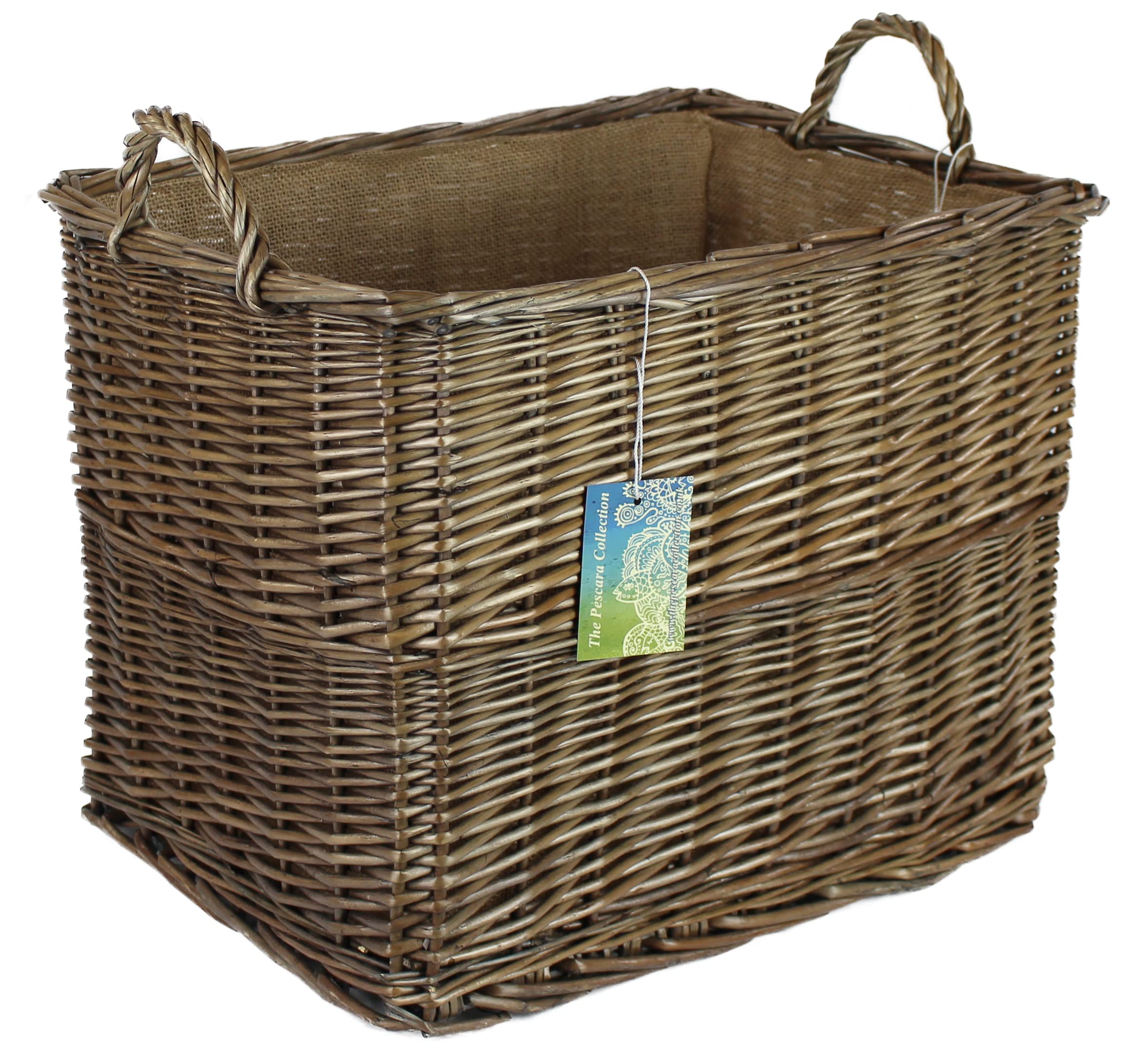 The Pescara Collection Grey Strong Wicker Log Baskets. Rectangular Natural Willow With Hessian Liner. For Storing Kindling, Shoes, Toys (48Cm)