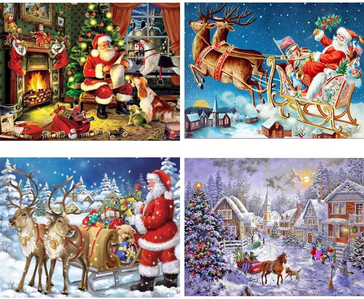 4 Pack 5D DIY Diamond Painting Kits Santa Claus Full Drill Rhinestone Embroidery Cross Stitch Painting for Christmas Home Decor, 16 x 12inch