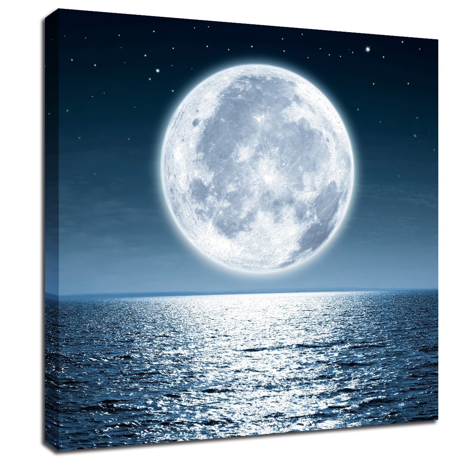 Moon Decor Framed Wall Art - Moonrise at Sea Ocean Framed Pictures for Living RoomDecor Office Modern Seascape Poster Nature Print Ready to Hang Bedroom Bathroom Artwork 12x12inch, Blue