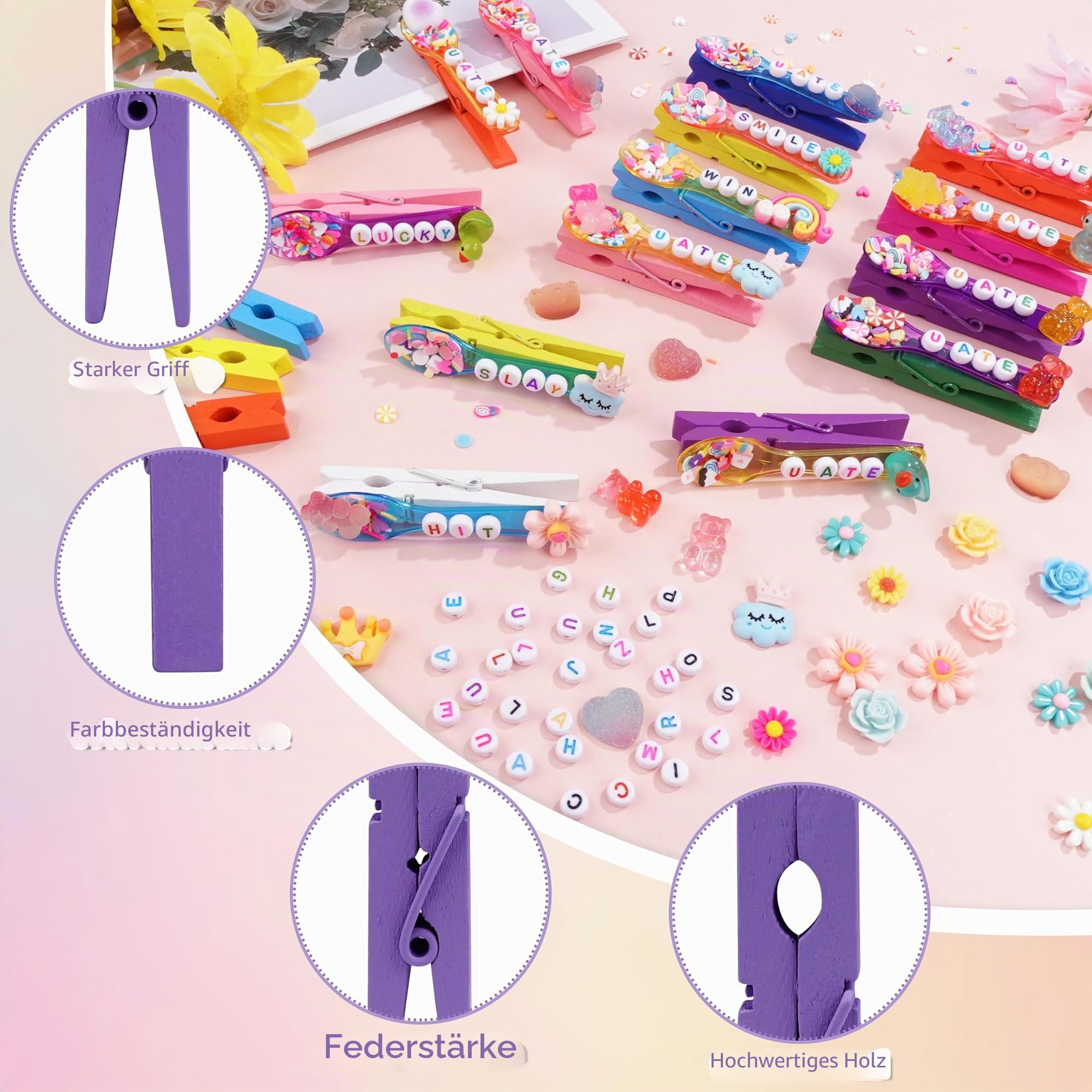 Fayoo 50 Stück DIY Cheer Pin Kit - Holznadeln, U ATE Perlen, Öffel Und Charms Für Pep Rally, Team Spirit Geschenke Sport, Volleyball, Basketball, Gymnastik, L