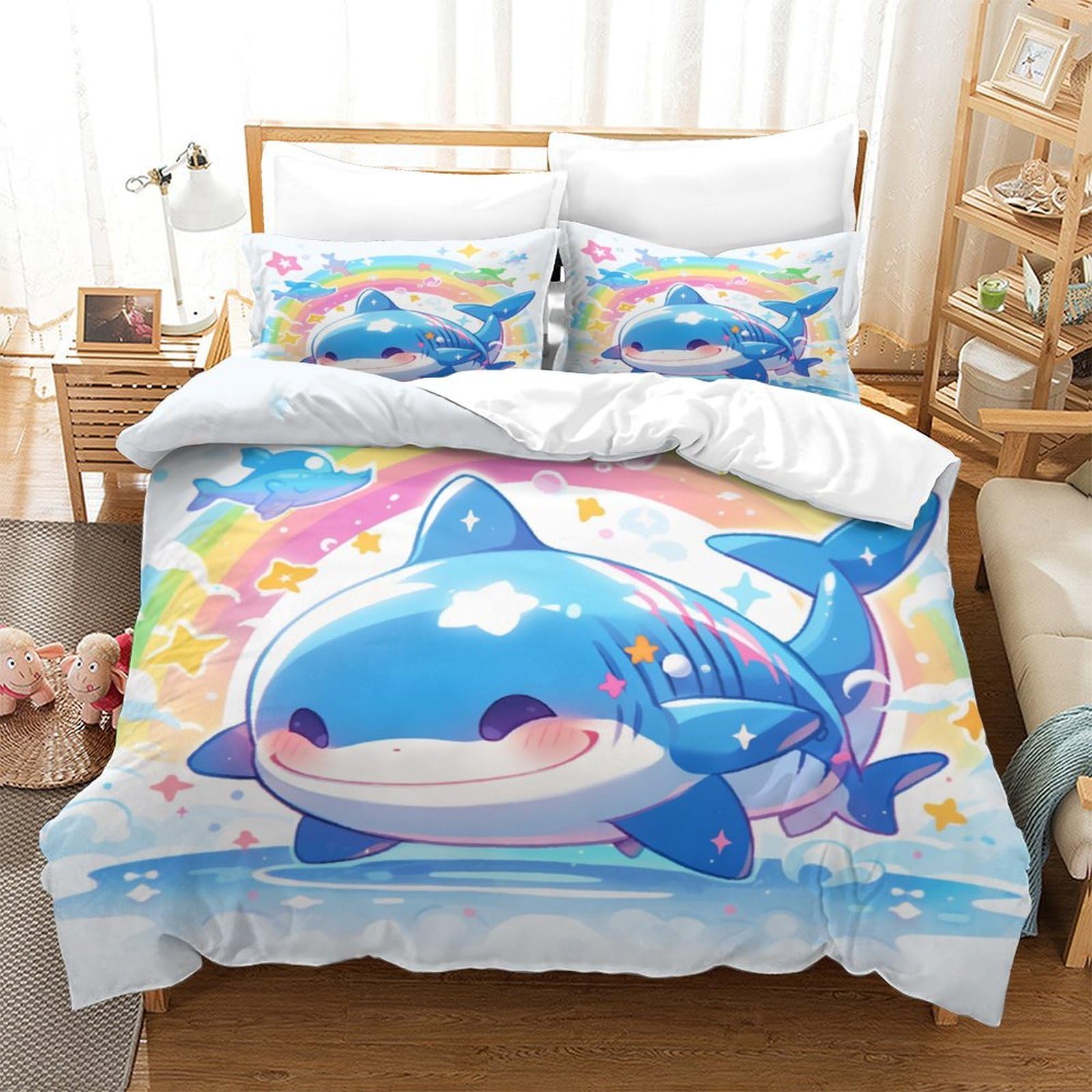Housse de couette 3 pièces requin parure de lit microfibre animaux super king 260x220cm
