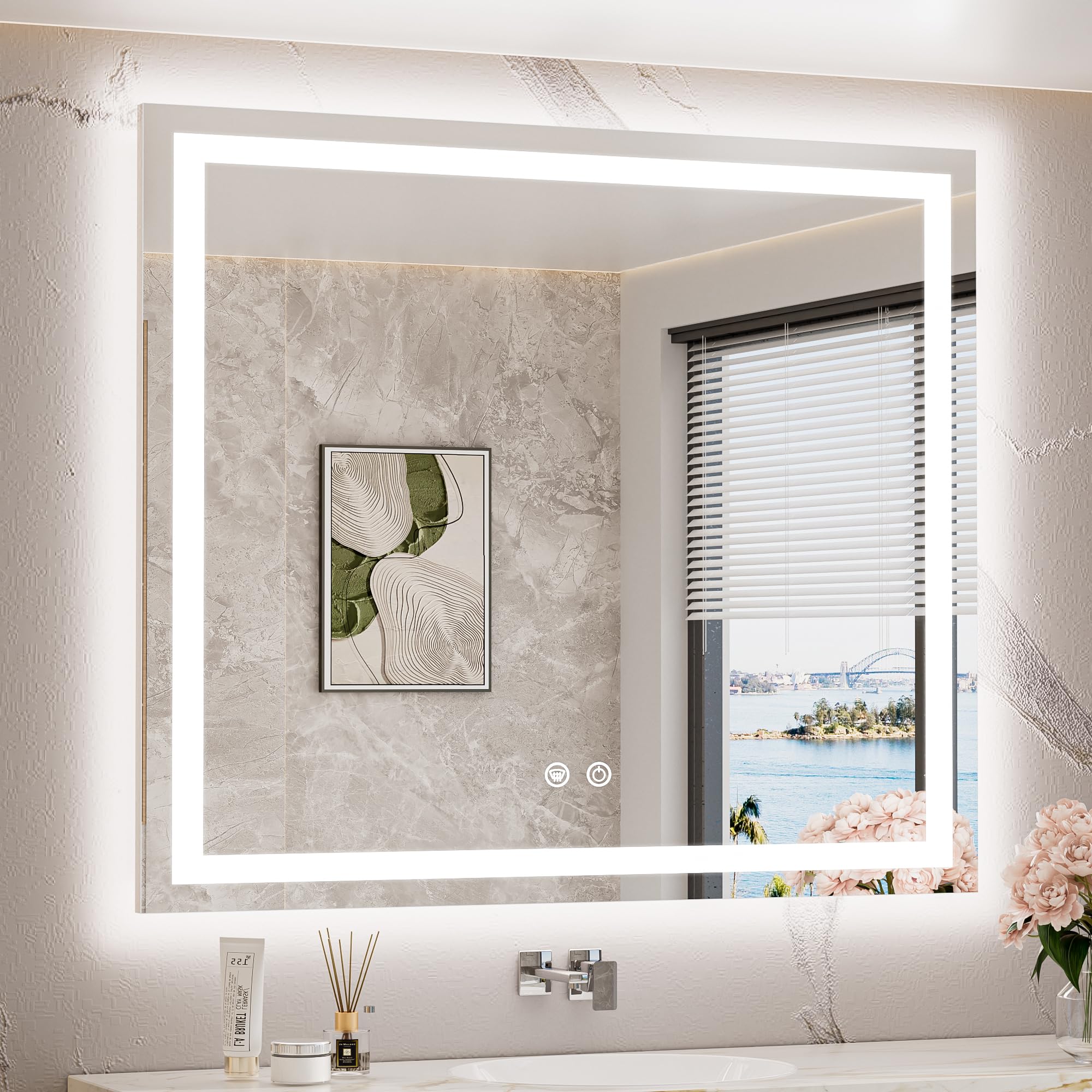 TETOTE LED Bathroom Mirror with Lights 40 x 36 Brighter Light up Mirror for Bathroom Vanity, Front and Backlit 3-Color Dimmable Illuminated Antifog Mirror Wall Mounted, Waterproof, Tempered Glass