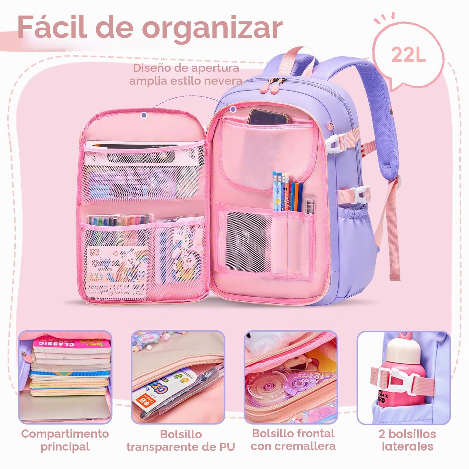 Tanou Mochila Escolar Niña Primaria, 3 Piezas Mochilas Colegio Ligero