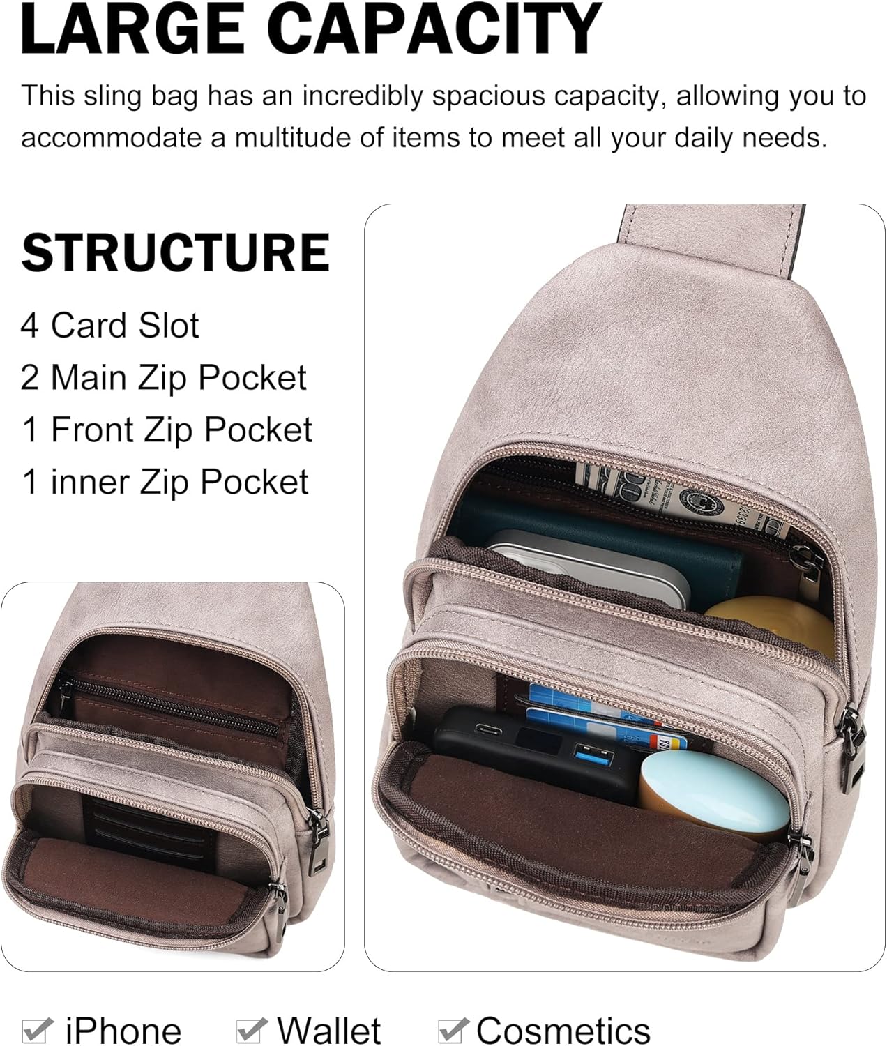 MASINTOR Sling Bag for Women - Crossbody Bags Fanny Pack with Vegan Leather - Adjustable Sling Backack for Travel - Image 3