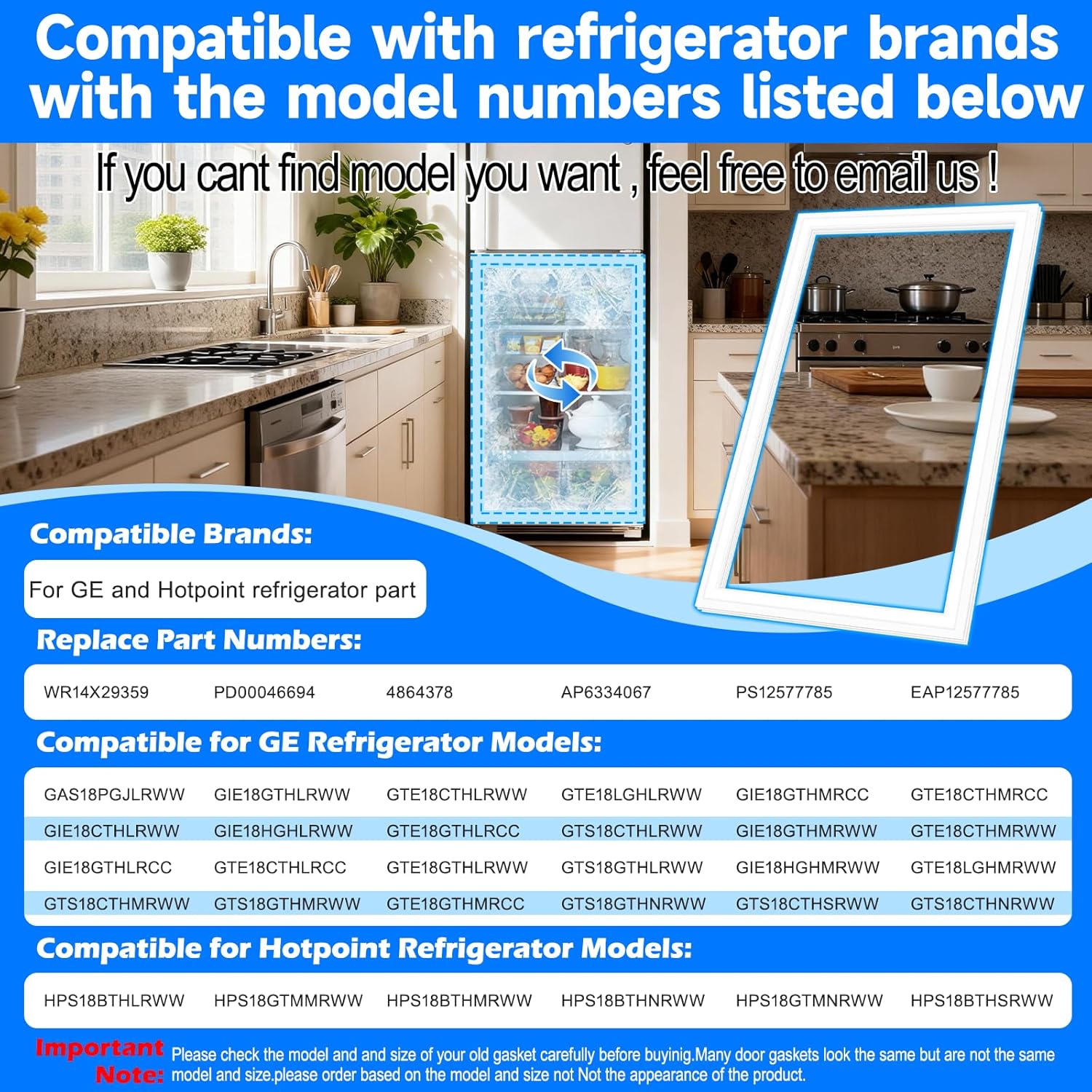 Upgraded 43.89" x 26.38" WR14X29359 Refrigerator Fresh Food Door Gasket Replacement Compatible with GE and Hotpoint Refrigerator Door Seal Fridge Gasket 4864378 AP6334067 PS12577785 EAP12577785 White