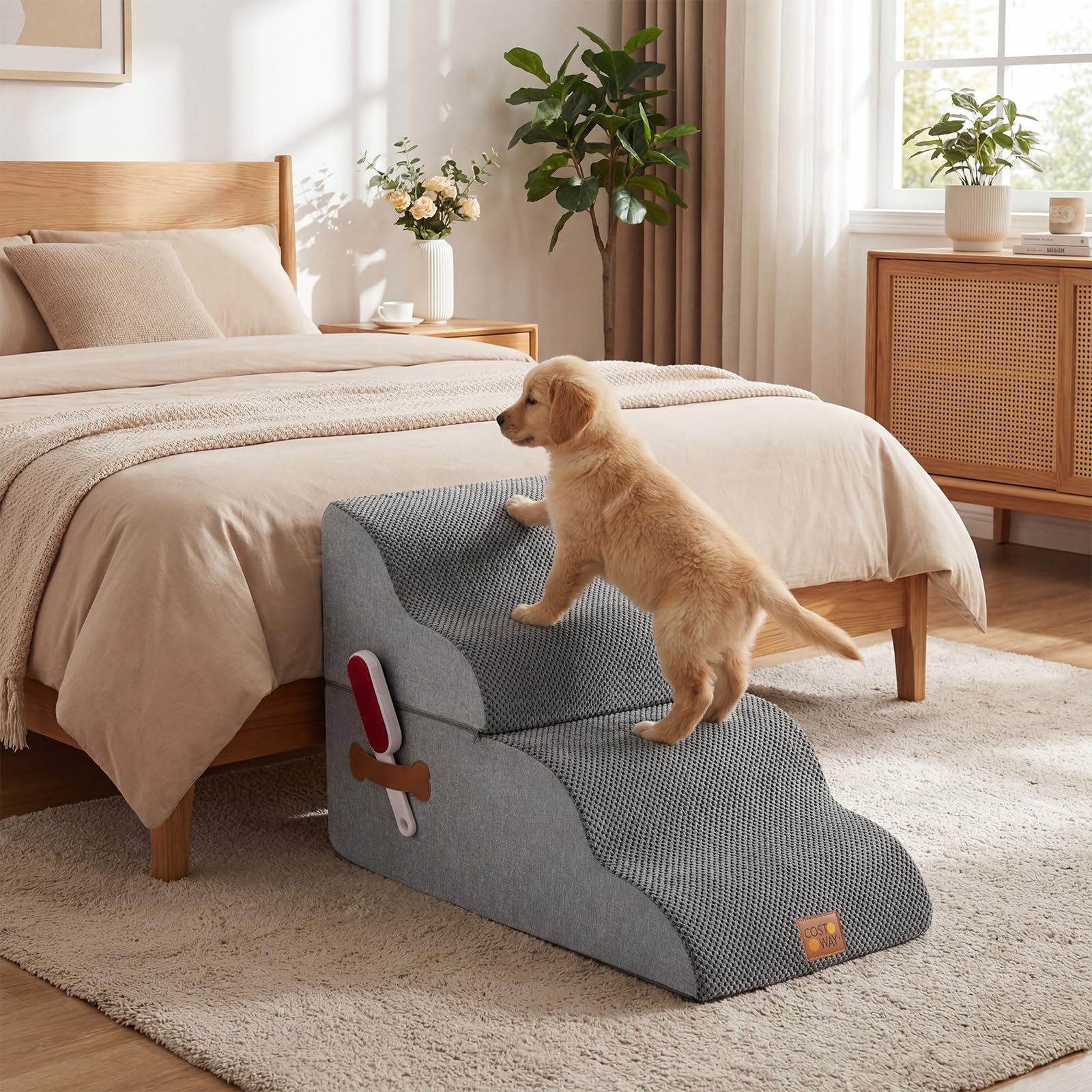 COSTWAY Scaletta per Cani a 4 Gradini Altezza 50 cm, Scala Cane in Spugna per Salire Letti Alti, Divani e Poltrone con Fondo Antiscivolo, Copertura Lavabile, Scala per Cani e Gatti (73 x 40,5 x 50 cm)