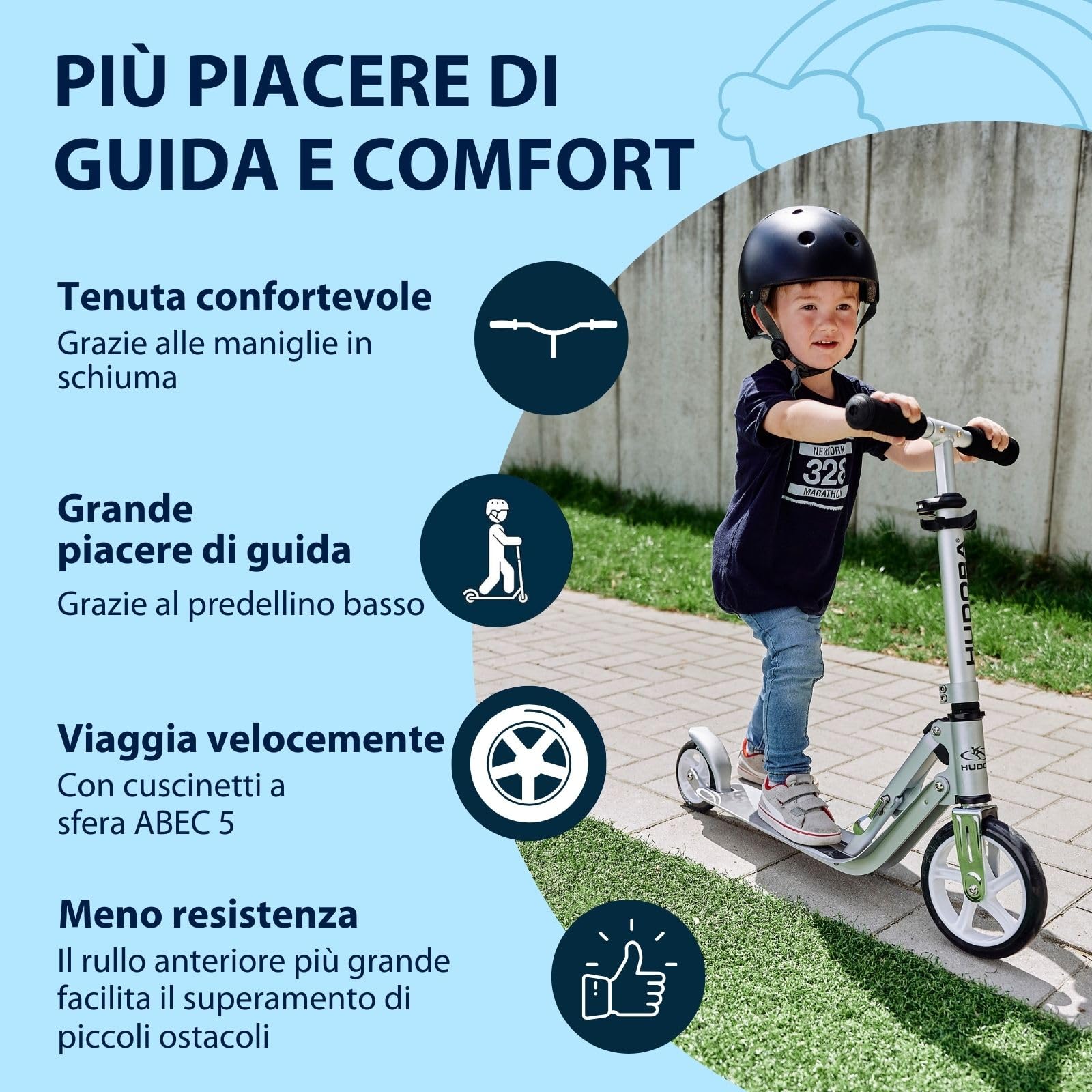 HUDORA Little BigWheel Scooter, monopattino sicuro in alluminio per bambini a partire da 3 anni, monopattino da città regolabile in altezza e pieghevole fino a 100 kg