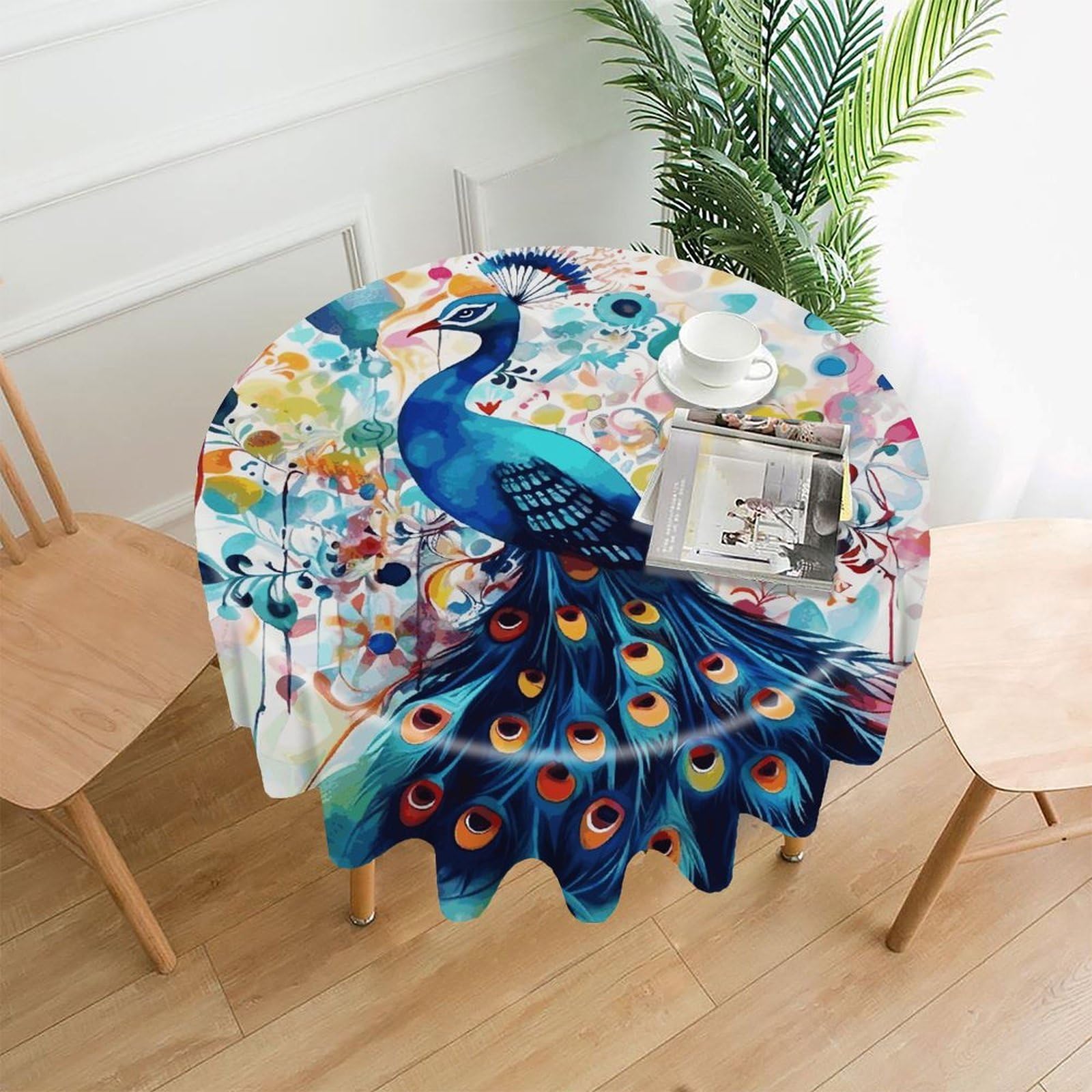 FodPand Color Peacock Round Tablecloth - 60 Inch Premium Polyester Table Cloth, Fashion Wrinkle Resistant Decorative Table Cover for Dining Kitchen Party Buffet Tables