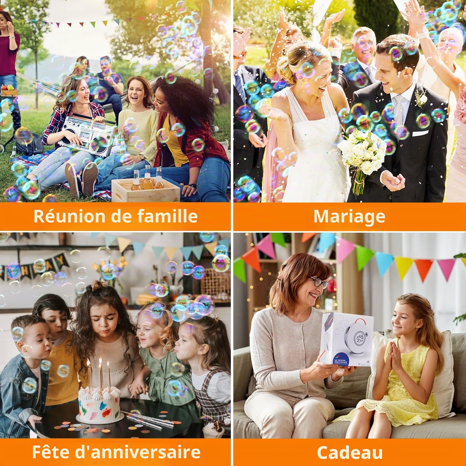Machine à Bulles, Jouet a Bulles Automatique Rechargeable Soufflante, Rotatif 90°/360°, 500ml Souffleur à Bulles pour Enfants 3 4 5 6 Ans, Jeux De Jardin, Idée Cadeau Garcon Fille (Blanc+Orange)