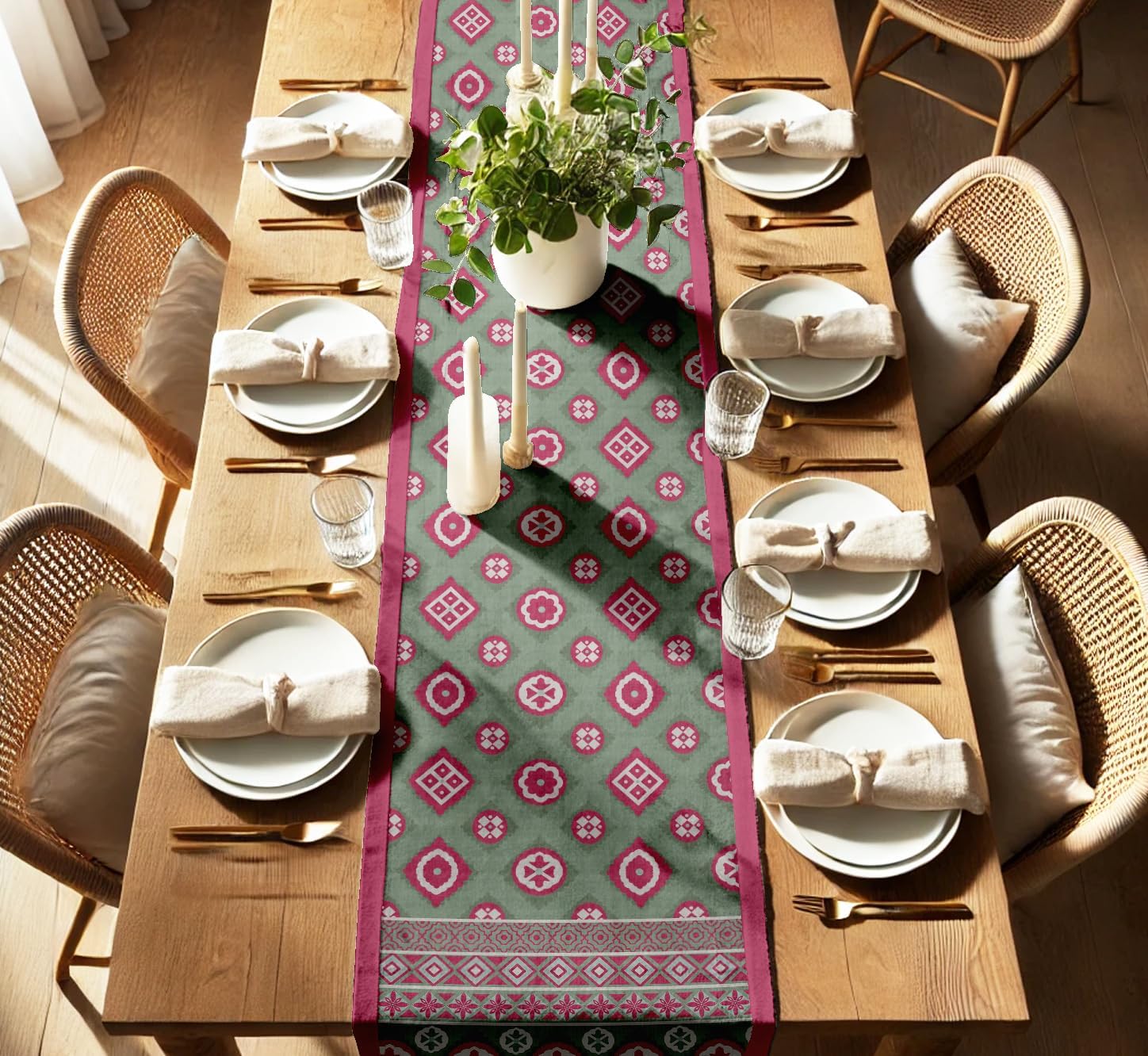 Premium Cotton Table Runner - Lightweight Double Layer - Border Design - Machine Washable Farmhouse Table Decor - Geometric