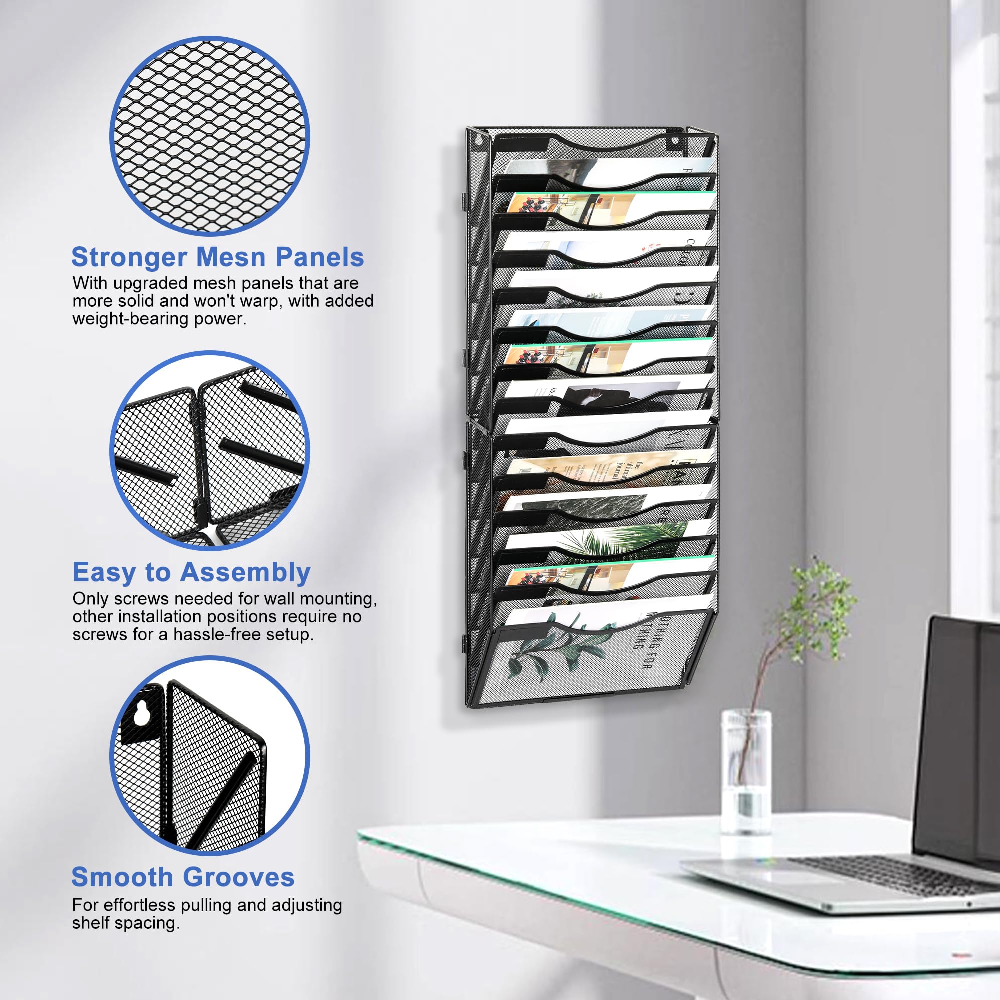 EasyPAG Organizer da parete con 14 tasche, nero | Porta documenti da parete in rete metallica | Organizer per posta da appendere | Etichette sostituibili | Ufficio casa formato lettera archiviazione