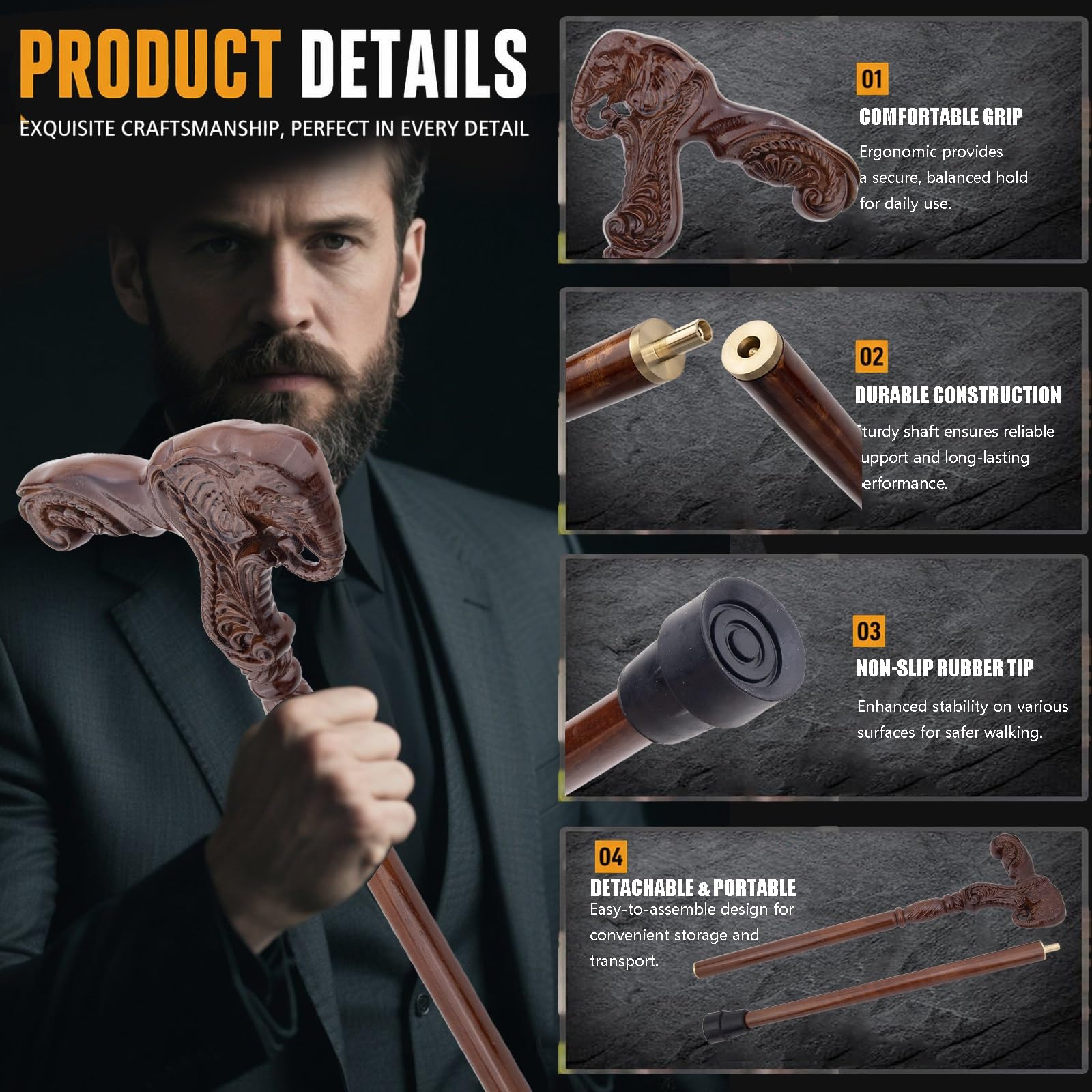 Handgeschnitzter Gehstock Aus Holz Mit Ergonomischem Elefantengriff und Gummispitze für Damen und Herren – Modischer, Einzigartiger Gehstock für Senioren – 94,5 cm