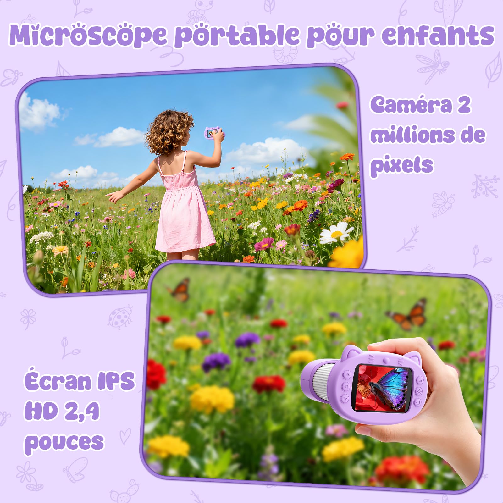 Microscope Enfant, 1000X Microscope Numérique pour Enfants, 2.4" Écran Portable Microscope de Poche, Jouets Sciences Éducatives, pour Les Filles de 3 4 5 6 7 8 9 10 Ans (Violet)