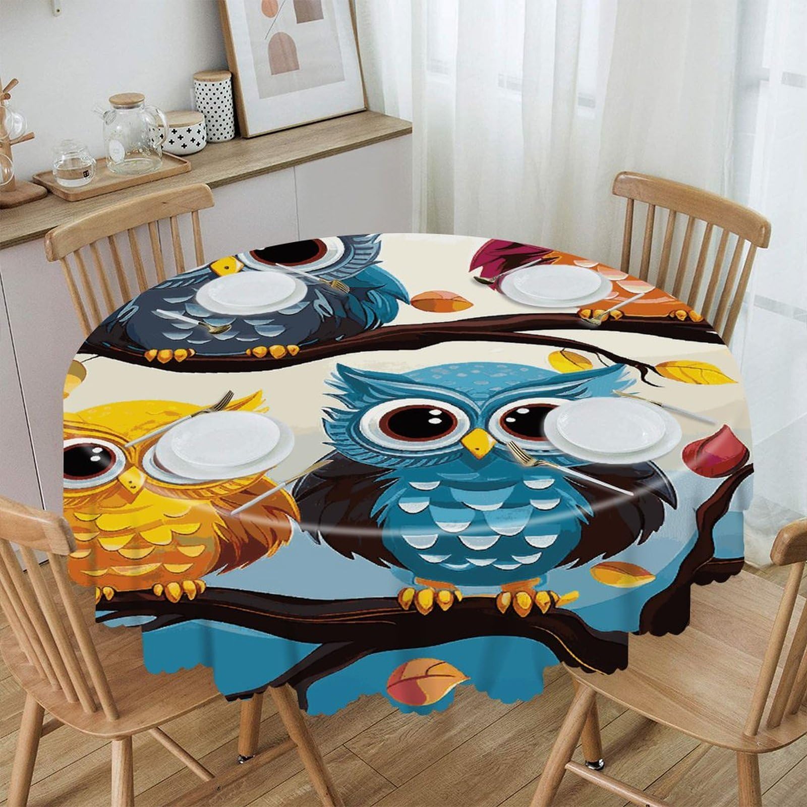 JTREHY Owls on Tree Branches Round Tablecloth 60 Inch Water Resistant Spill Proof Washable Polyester Table Cloth Wipeable Washable Table Cover for Buffet Tables Holiday Party Dinner