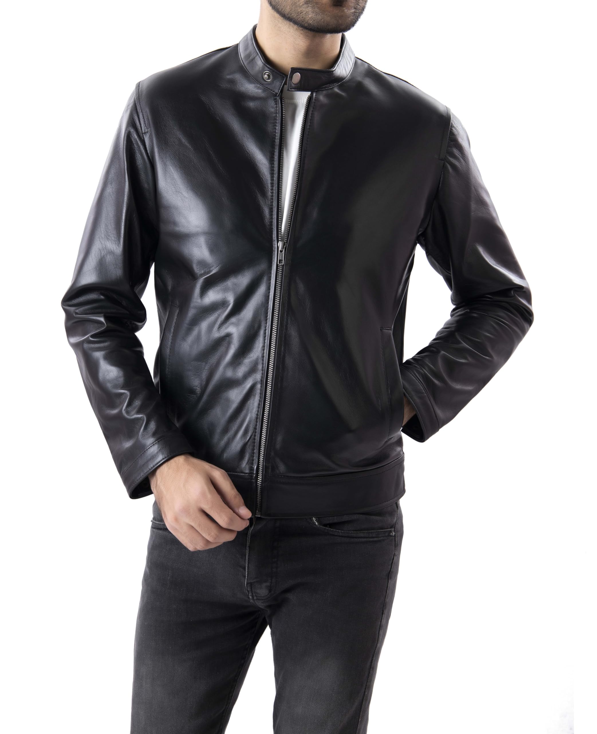 Jild Classical Single Piece Lambskin Leather Jacket Men - Everyday Wear Snap Tab Collar Men’s Motorcycle Leather Jacket