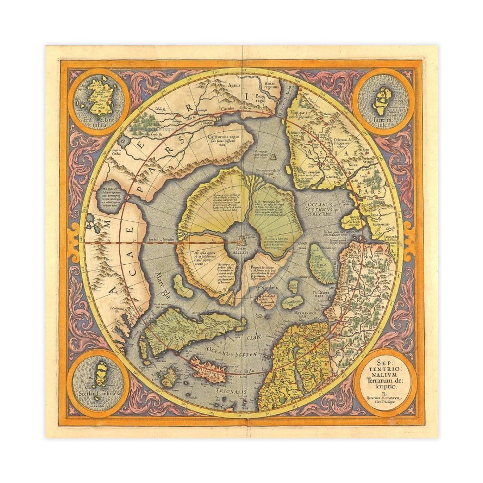 WCYB Carte Mercator 1606 - Pôle Nord - Septentrionalium Arctique - Terrarum - Impression sur toile - Décoration murale sans cadre - 40,6 x 40,6 cm (L x l)