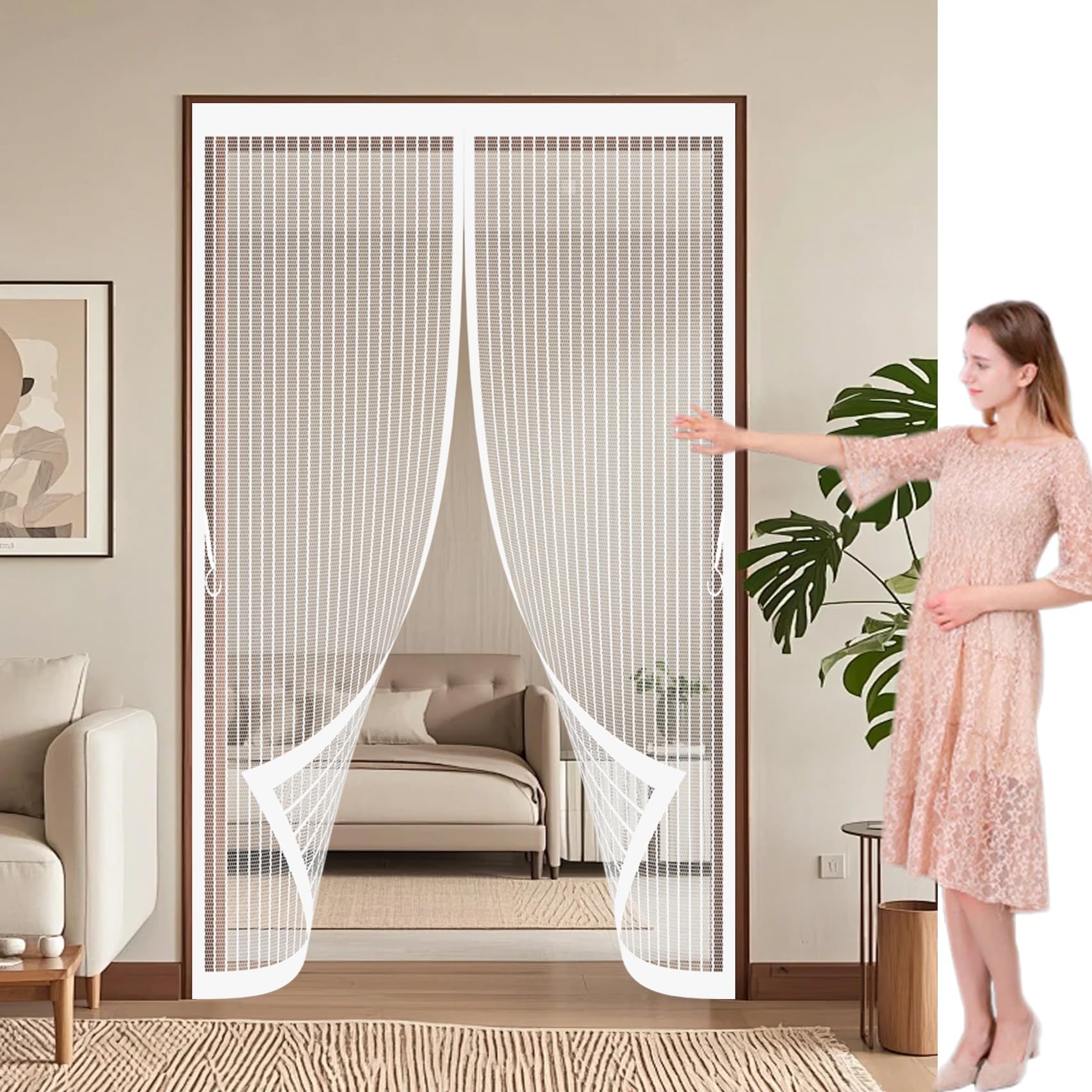 Xueqxue White Magnetic Screen Door 145 X 145 Cm Automatically Close, No Gap, Easy To Install Without Drilling, Keep Bugs Out Lets Fresh Air In Mosquito Double Door For Patio Doors Balcony,