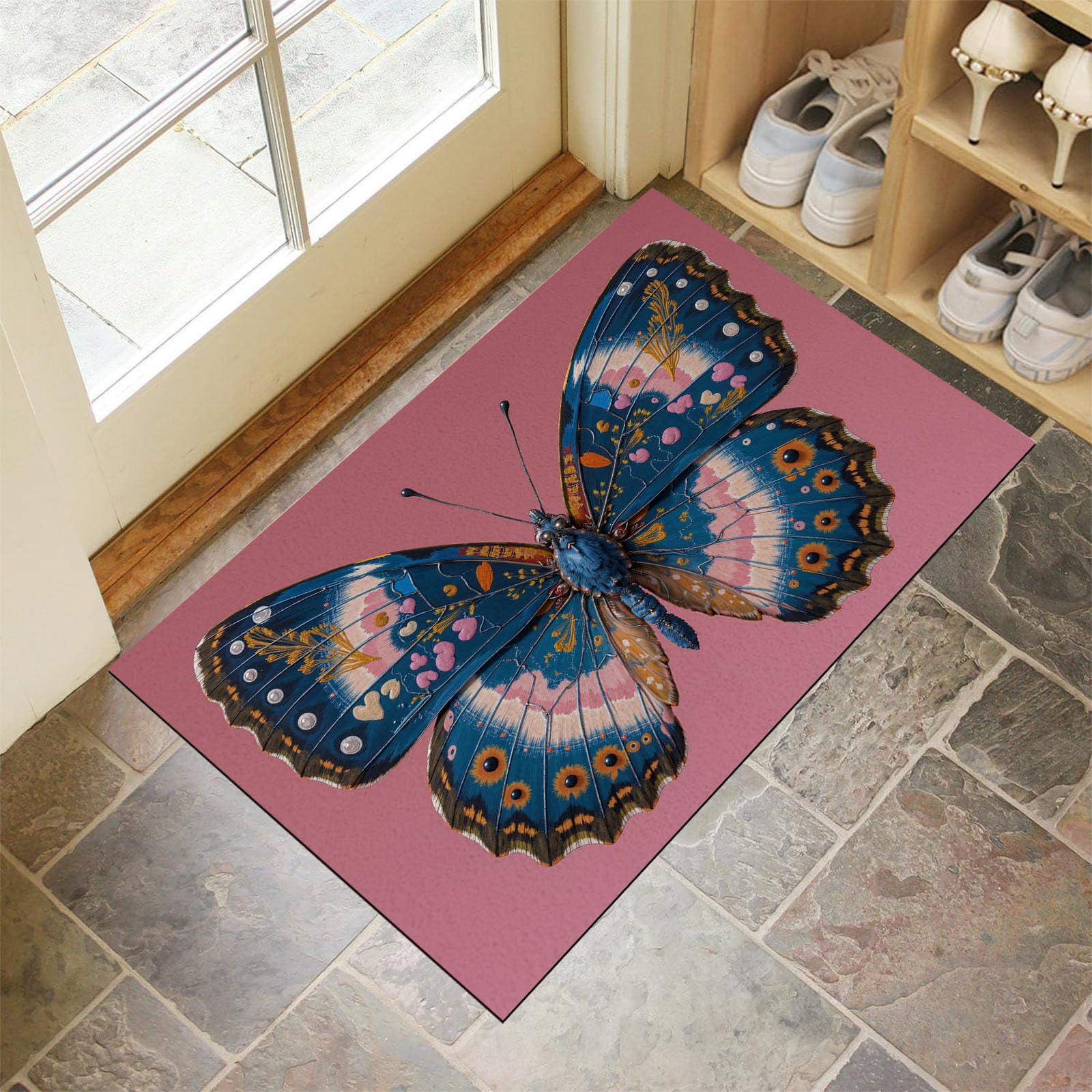 Tapis de porte résistant lavable motif papillon rose foncé 90x150