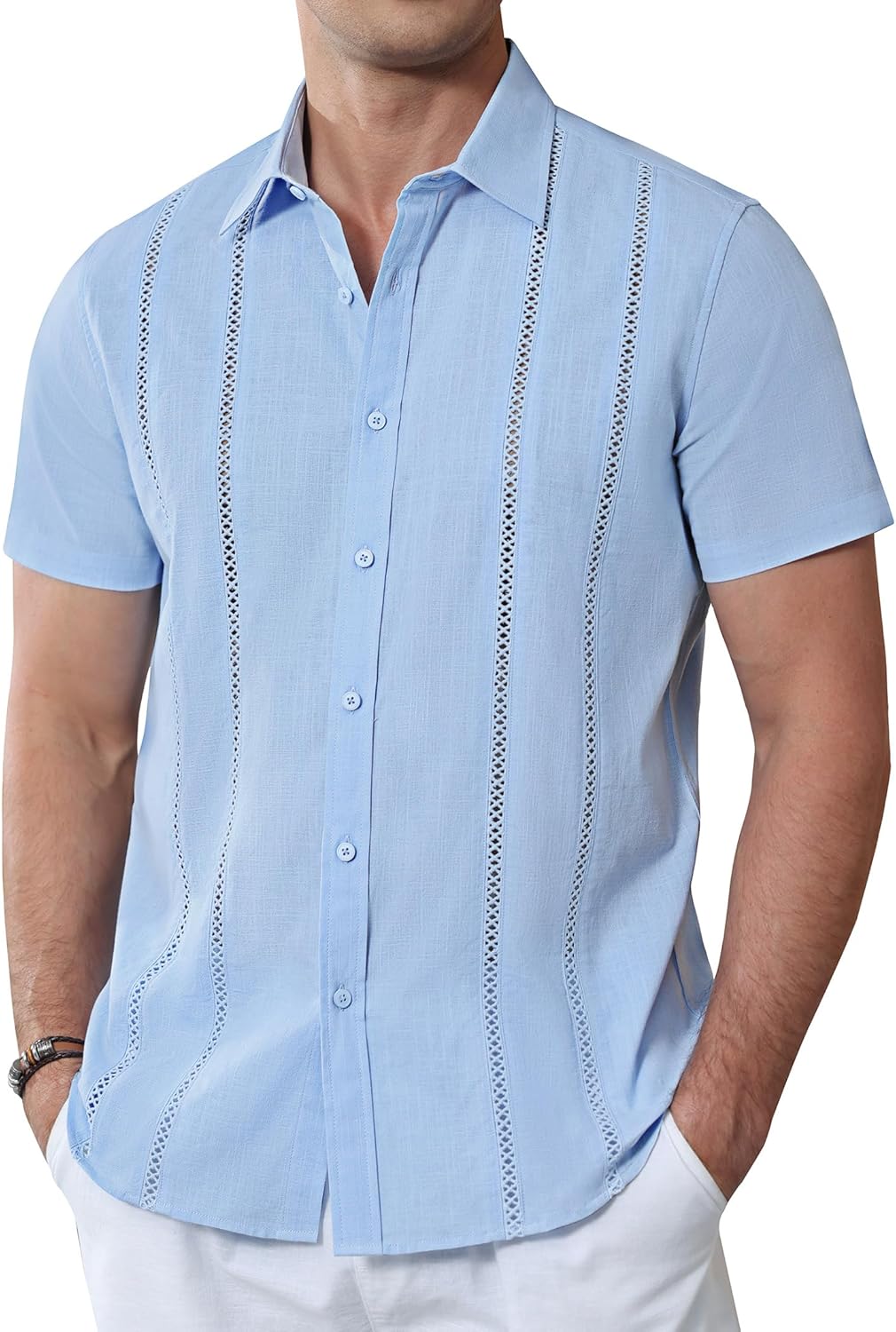 Alimens & Gentle Men's Cuban Guayabera Shirts Cotton Linen Short Sleeve Button Down Shirts Casual Summer Beach Camp Shirt