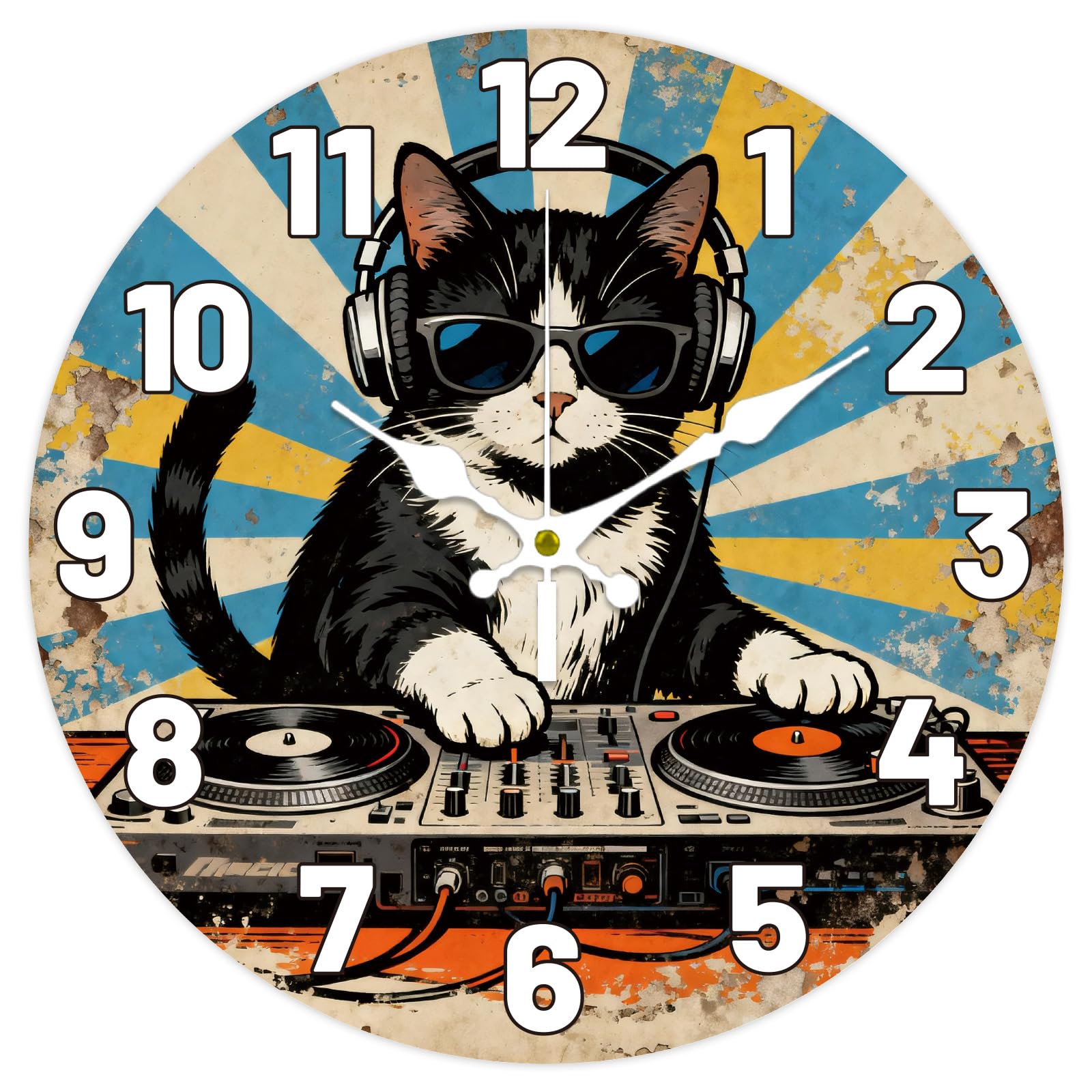 CONCHLERY 12inch DJ Cat Pattern Wall Clock Records Flat Printing Round Clocks Silent Non Ticking Clock Decorative for Home Living Room Bedroom Kitchen Office Decor