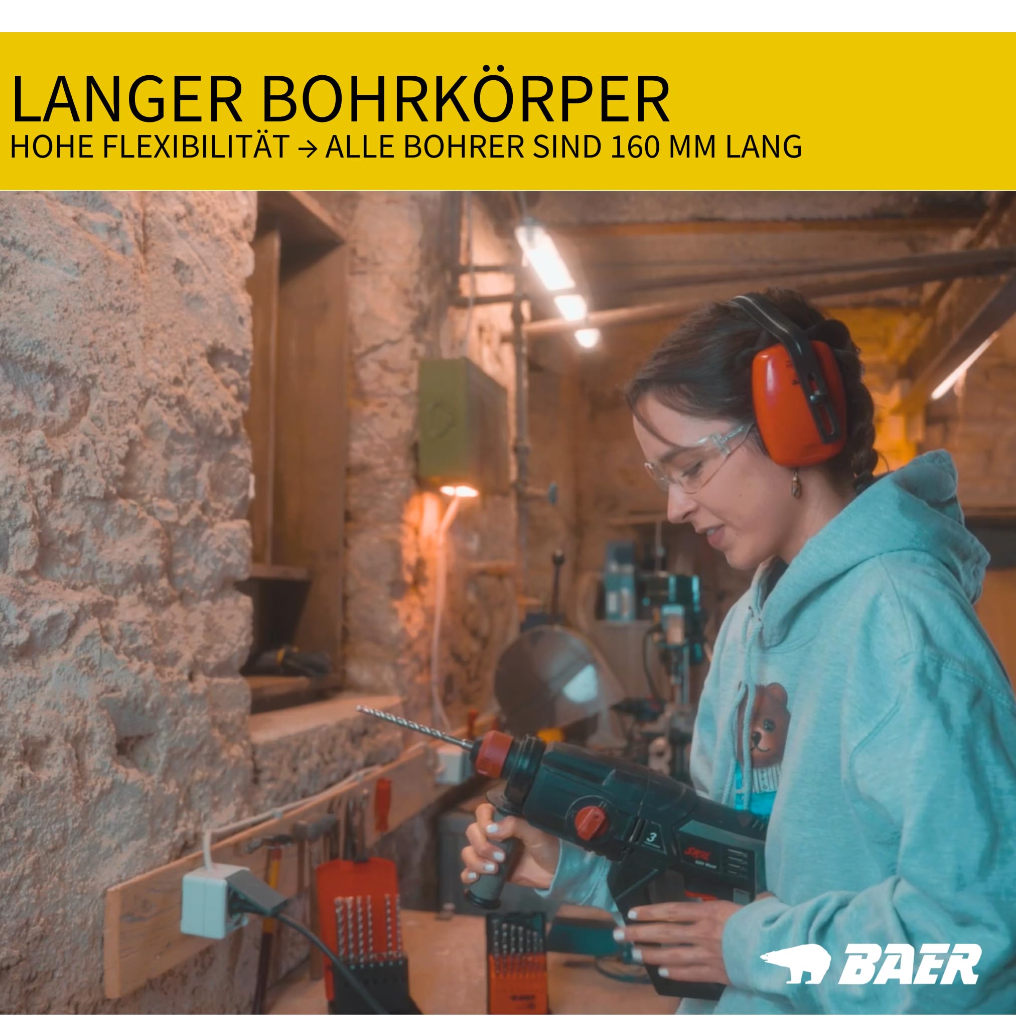 BAER Steinbohrer Set SDS-Plus (7 tlg.) 5-12mm - Hammerbohrer Set - Betonbohrerset - Betonbohrer lang - PGM-zertifizierte Bohrer - Granitbohrer