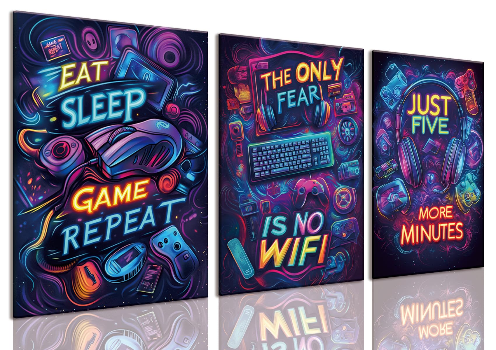 Yolbcdr Neon Gaming Canvas Wall Art Set di 3, 40,6 x 61 cm | Decorazione da parete colorata per videogiochi, set di poster per videogiochi al neon, stanza dei giochi