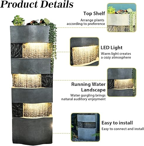 Miniatura 3 de Fuente de agua de jardín de 40.5 pulgadas de alto al aire libre, 4 niveles, cascada de pie con luces LED para jardín, patio, terraza, porche y