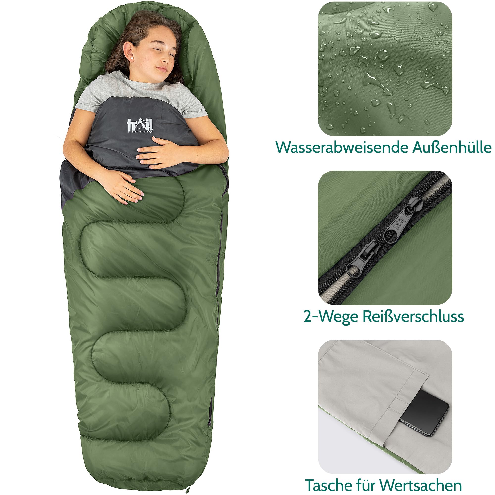 Trail Schlafsack Kinder Mumienschlafsack als Schlafsack 3 Jahreszeiten für Camping – 300gsm – für Jungen und Mädchen – mit Leichtem Transportrucksack