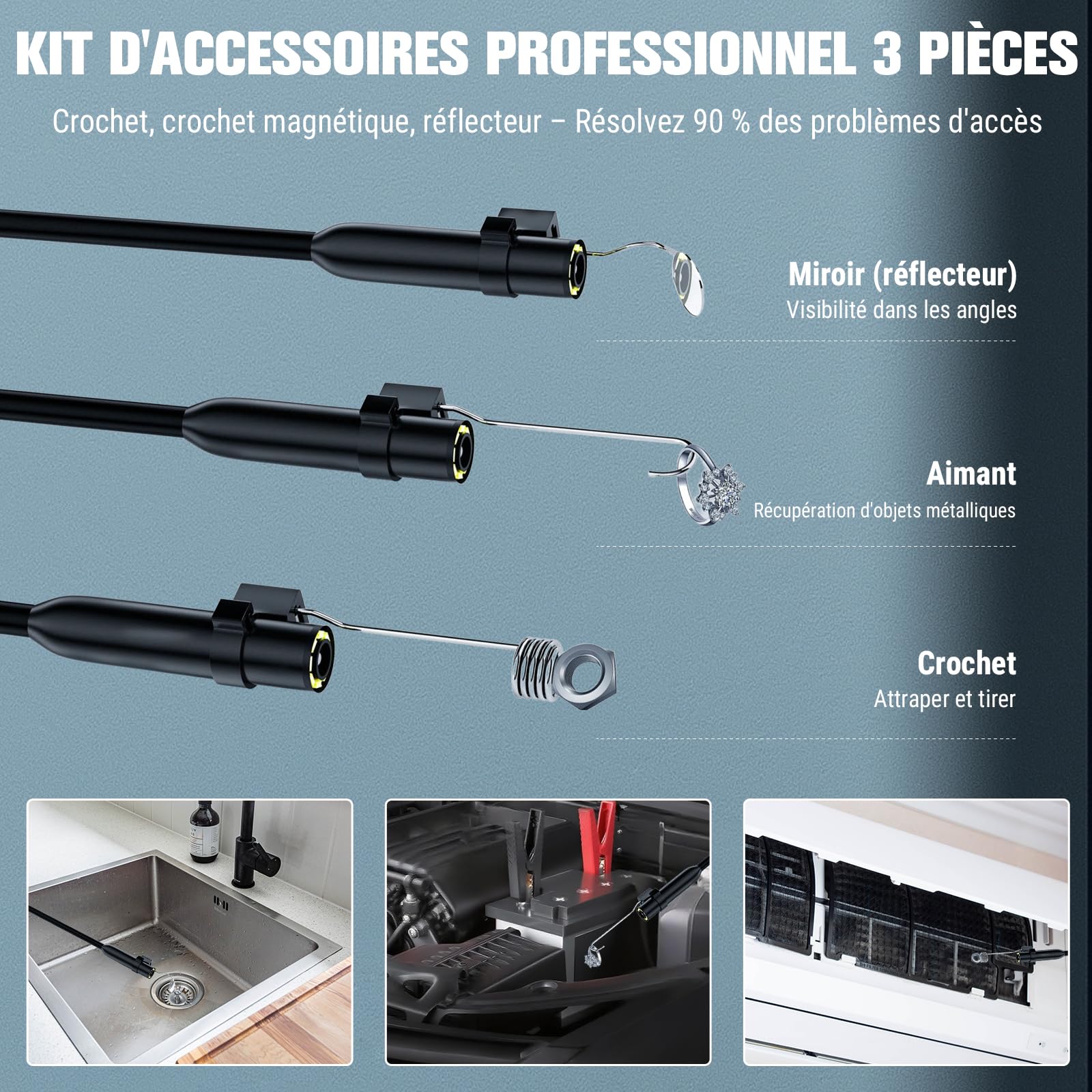 Endoscope Industriel P40, Caméra d'Inspection 1920P HD, Sonde 3,9 mm, Écran IPS 4,3 Pouces, 6 LED Réglables