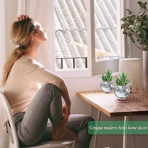 Miniatura 5 de moonoom 2 macetas colgantes de bola de discoteca  4 pulgadas de color plateado con espejo de discoteca con cadena  Maceta colgante bohemia para