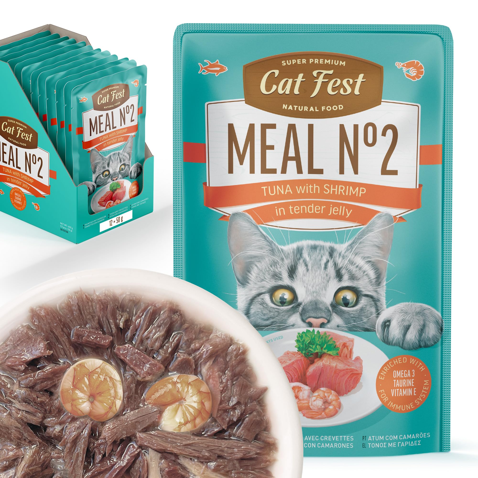 Cat Fest MEAL №1 Tuna with Shrimp in Tender Jelly, 100% Natural Wet Cat Food Pouches, High Fish Content, Enriched with Taurine, Vitamin E & Fish Oil, 12 x 50g