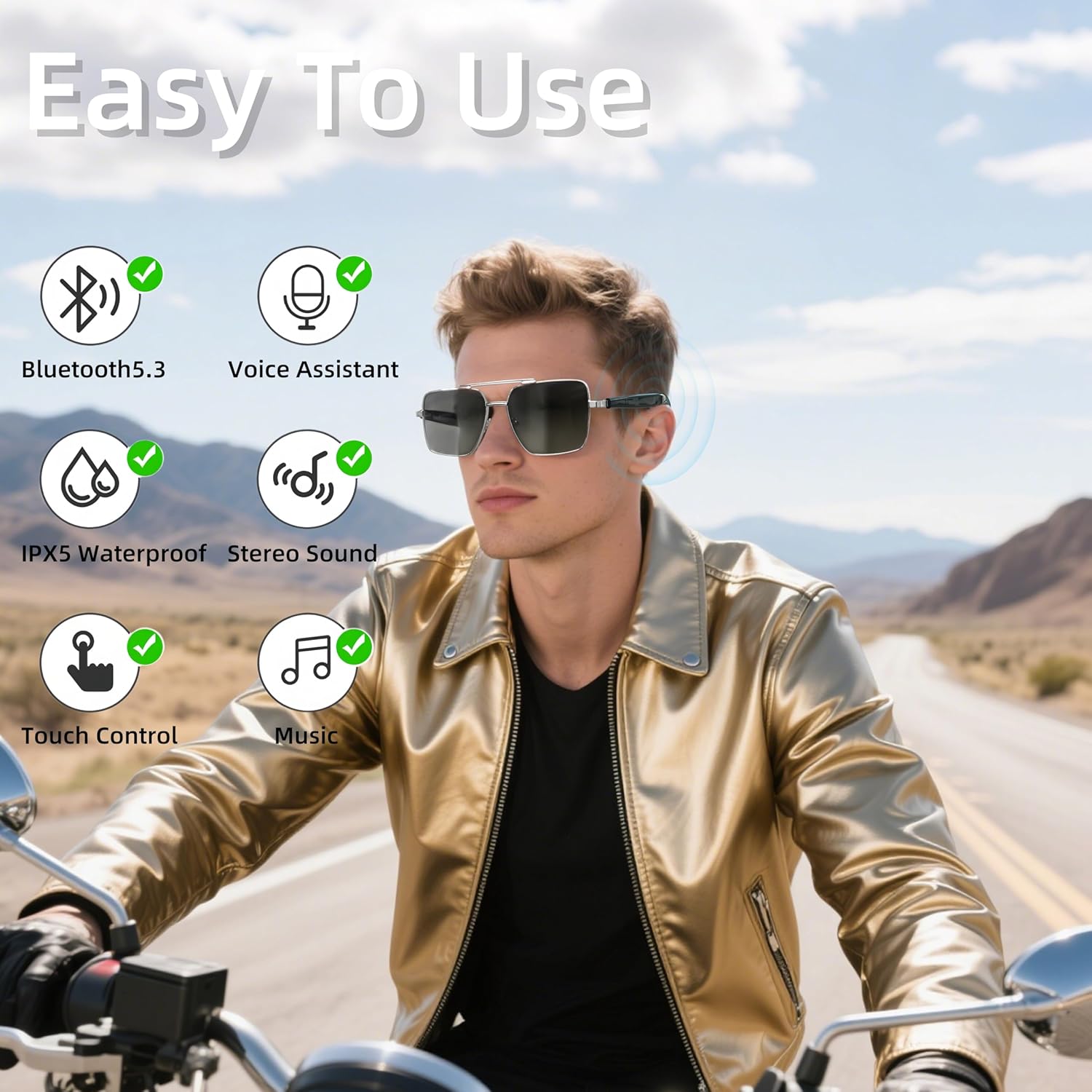Man riding motorcycle wearing otinsile Pilot Smart Glasses GT30, highlighting features