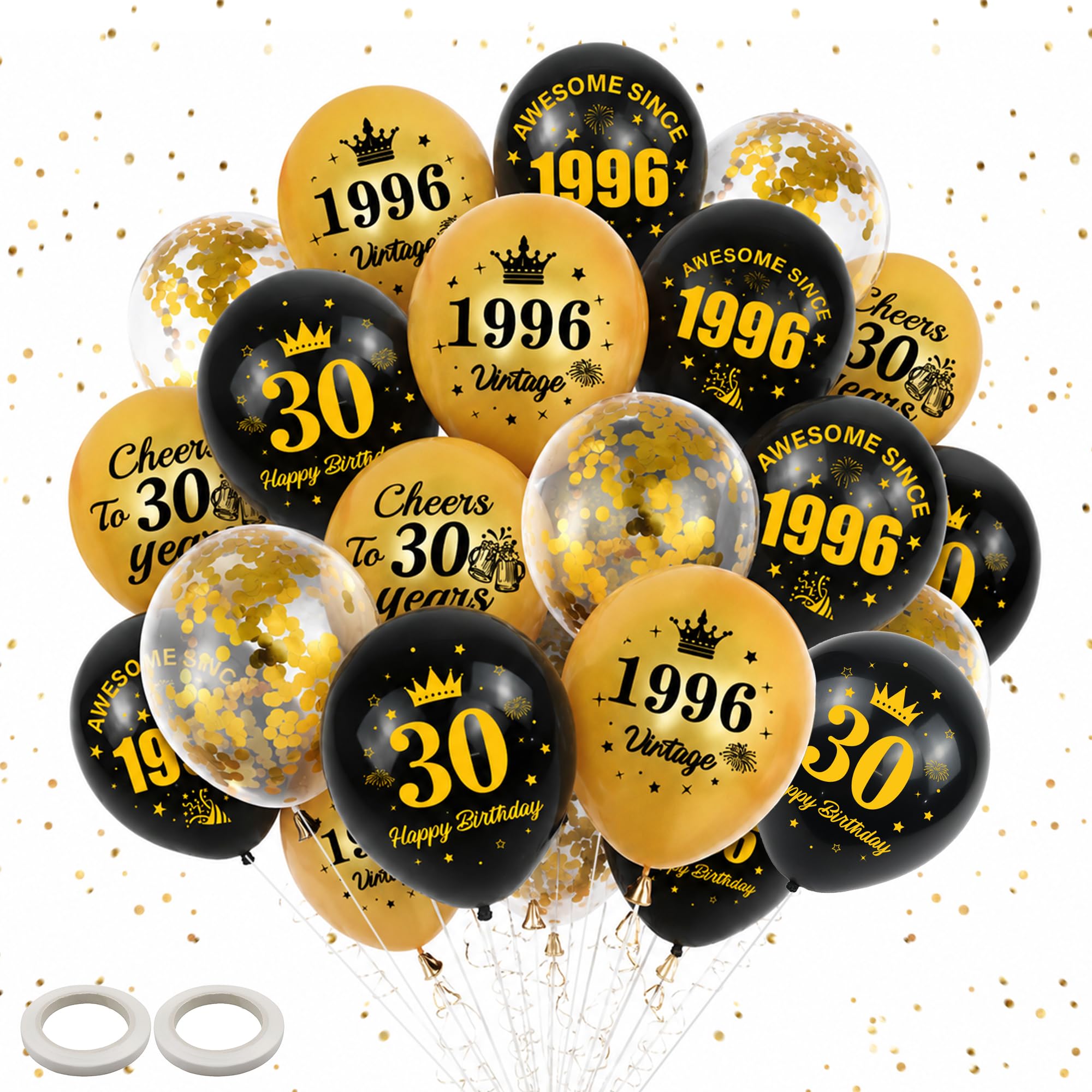 30th Birthday Decorations Balloons Women - 40 Pcs Black and Gold Happy Birthday Awesome Since 1996 Cheers to 30 Years Sequins Balloon with Ribbon for 30 Years Old Men Party Celebration Decor
