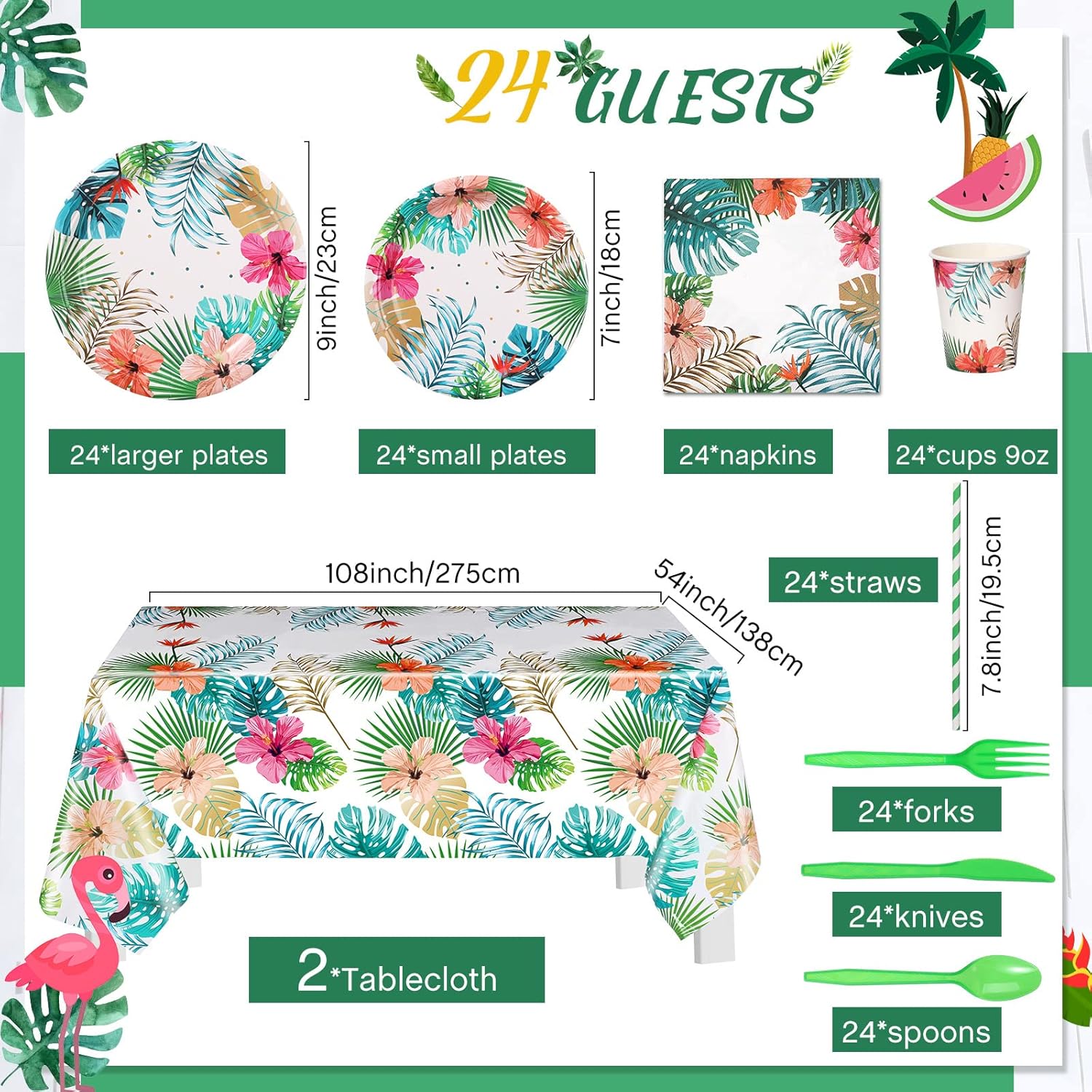 Mumufy 194 Pcs Hawaiian Luau Party Decorations Supplies Set Tropical Birthday Party Summer Beach Luau Party Dinnerware Includes Plates Napkins Cups Straws Cutlery and Tablecloth for 24 Guests Adults