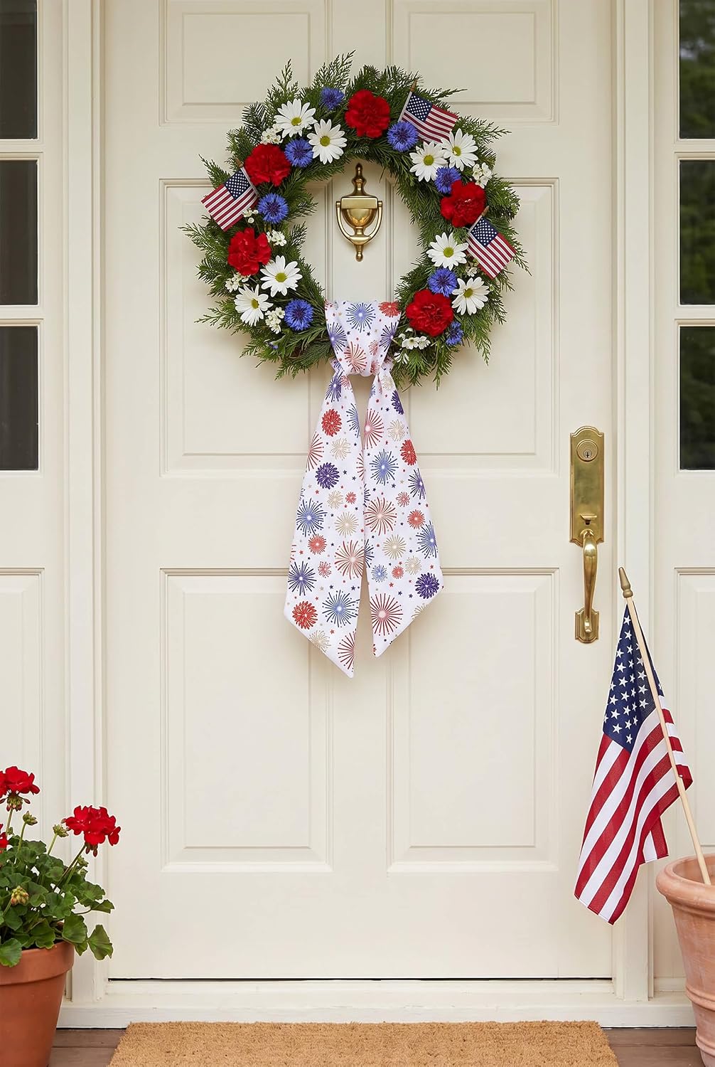 Patriotic Wreath Sash for Front Door, 4th of July Firework Print Wreath Ribbon, Red White Blue Star Decor for Independence Day Memorial Day Summer Indoor Outdoor, 4.92 X 52.75 Inch