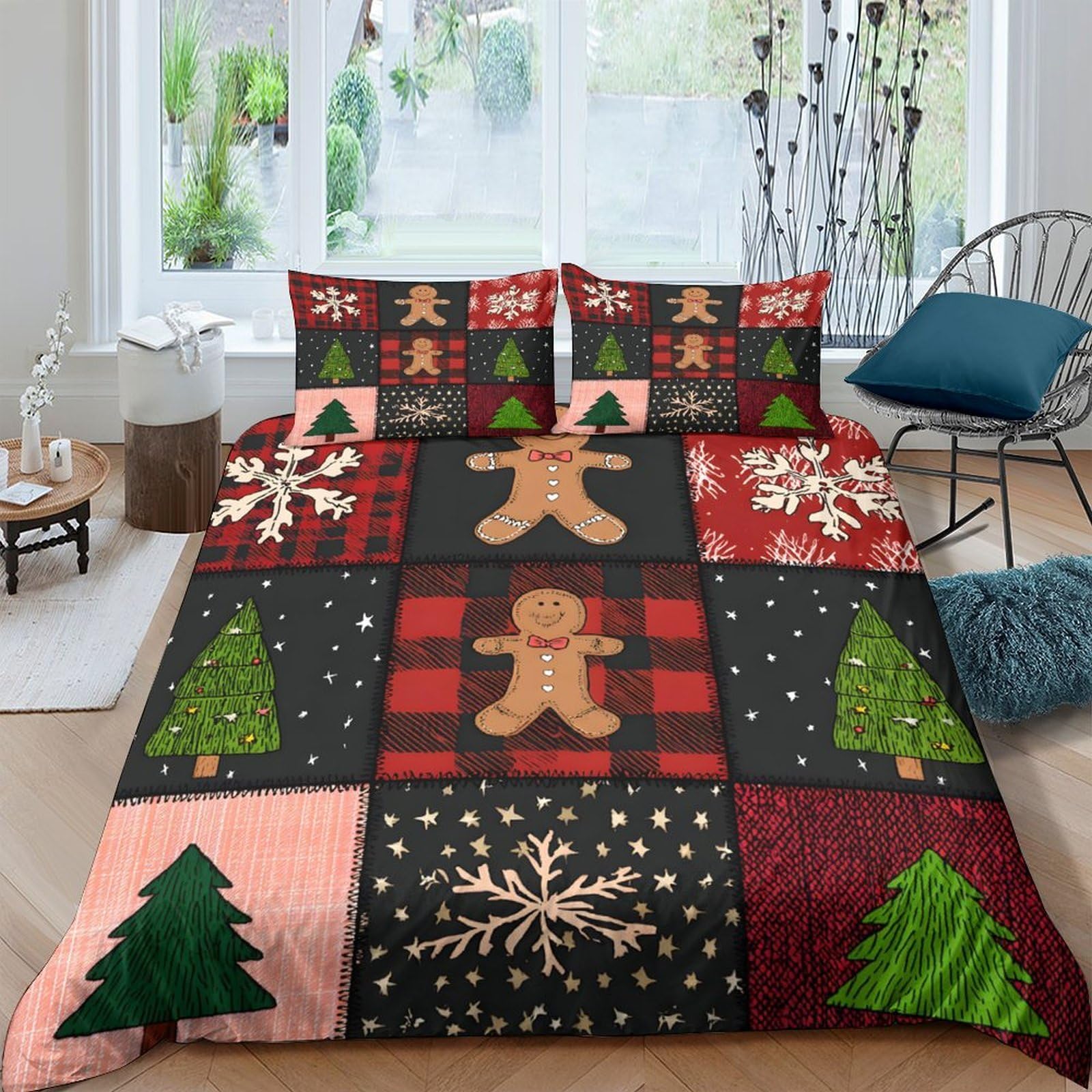 TUFRTGYHN 3D Printed Gingerbread Christmas Duvet Cover Set Microfiber Soft Reversible Snowflake Tree Bedding with 2 Pillowcases, Single（135x200cm）