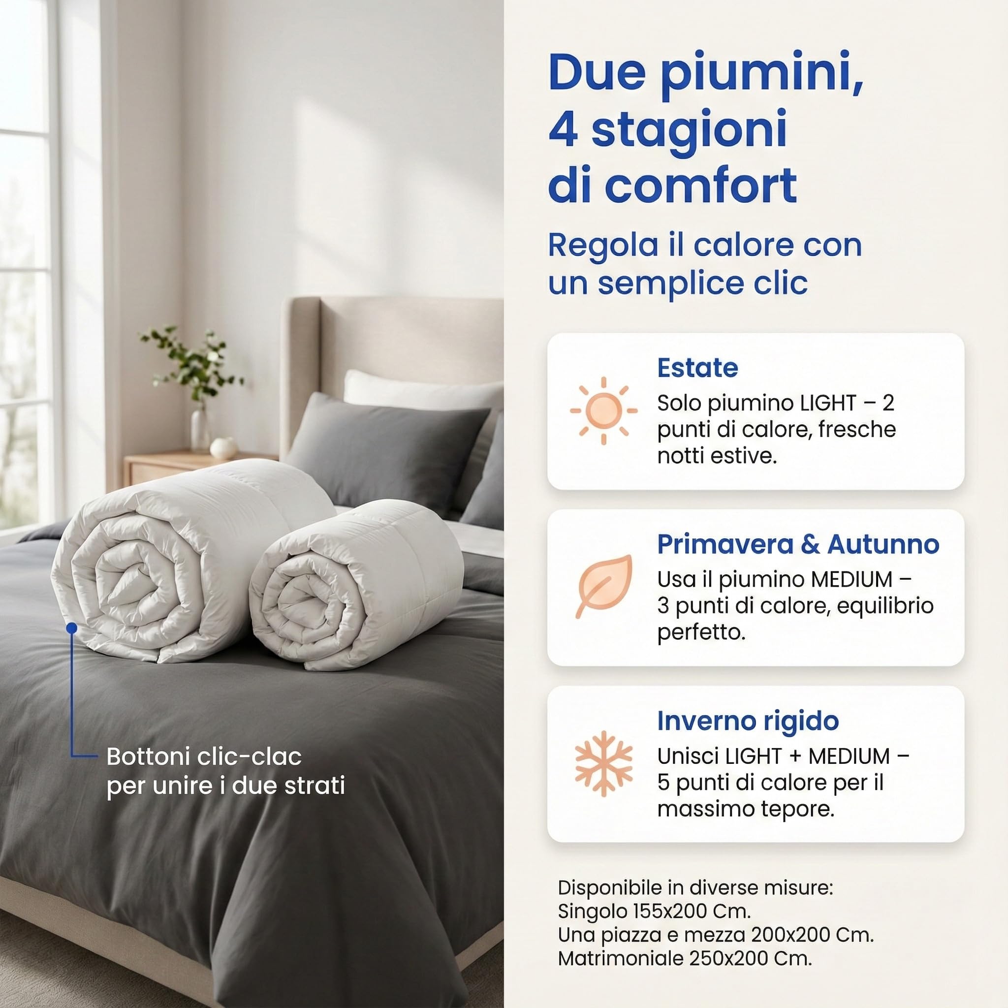 Piumino d’Oca Trentino 4 Stagioni, 2 Piumini Separabili, Soffice, Versatile, 50% Piumino e 50% Piuma d’Oca, Certificato OEKO-TEX - Letto Singolo - 1 Piazza - Cm. 155X200