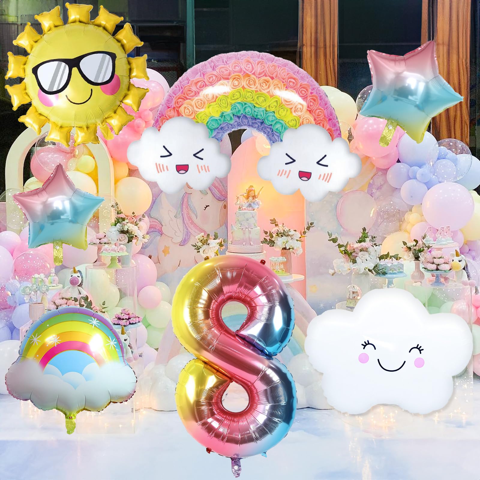 8 Jahre Regenbogen Geburtstag Deko für Mädchen - Folienballon, Sonne, Sterne Luftballons für 8. Geburtstag Mädchen