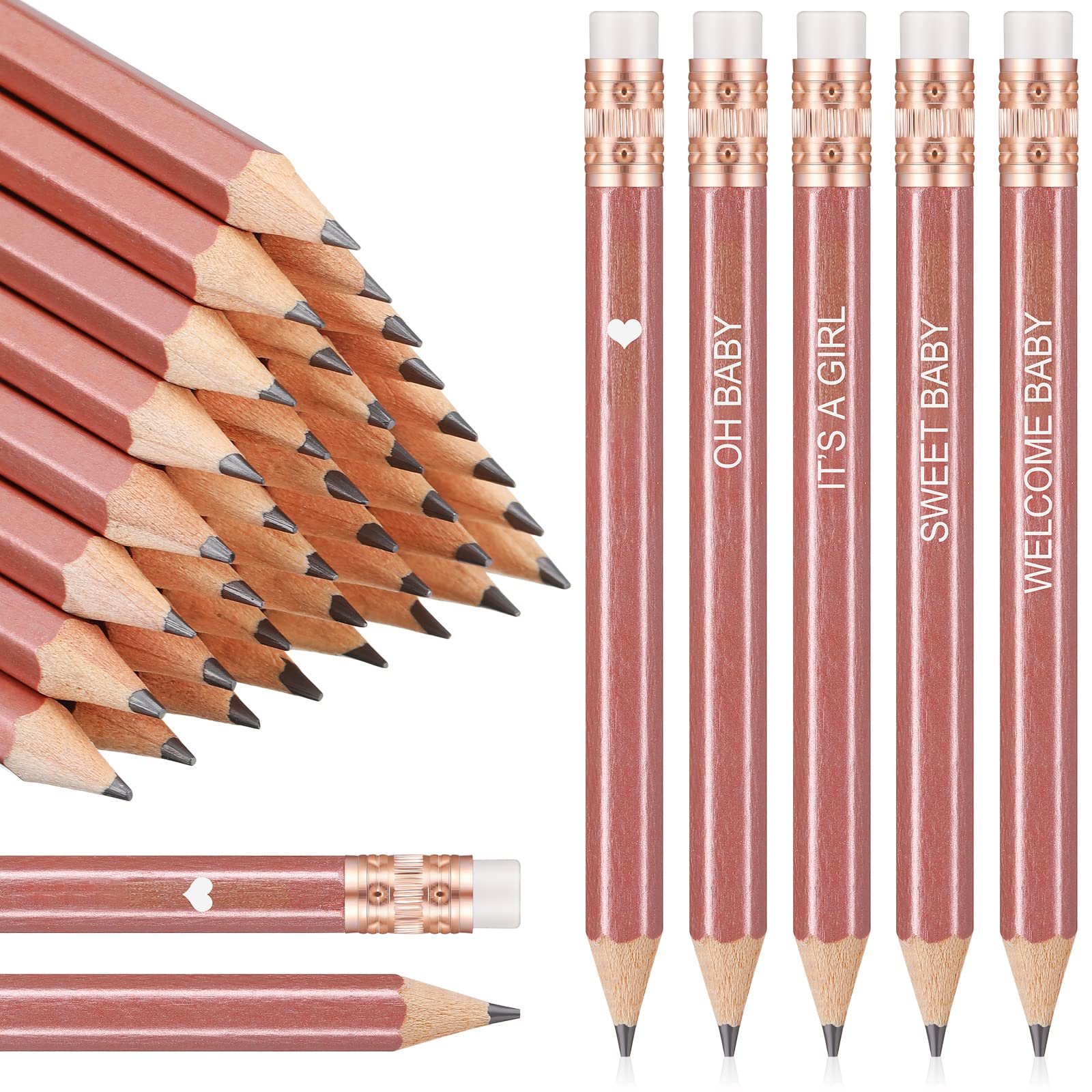 Crtiin 50 Pieces Baby Shower Pencils for Activities Mini Golf Half Pencils, Presharpened with Erasers, 4 Inch(Rose Gold,Girl Style)