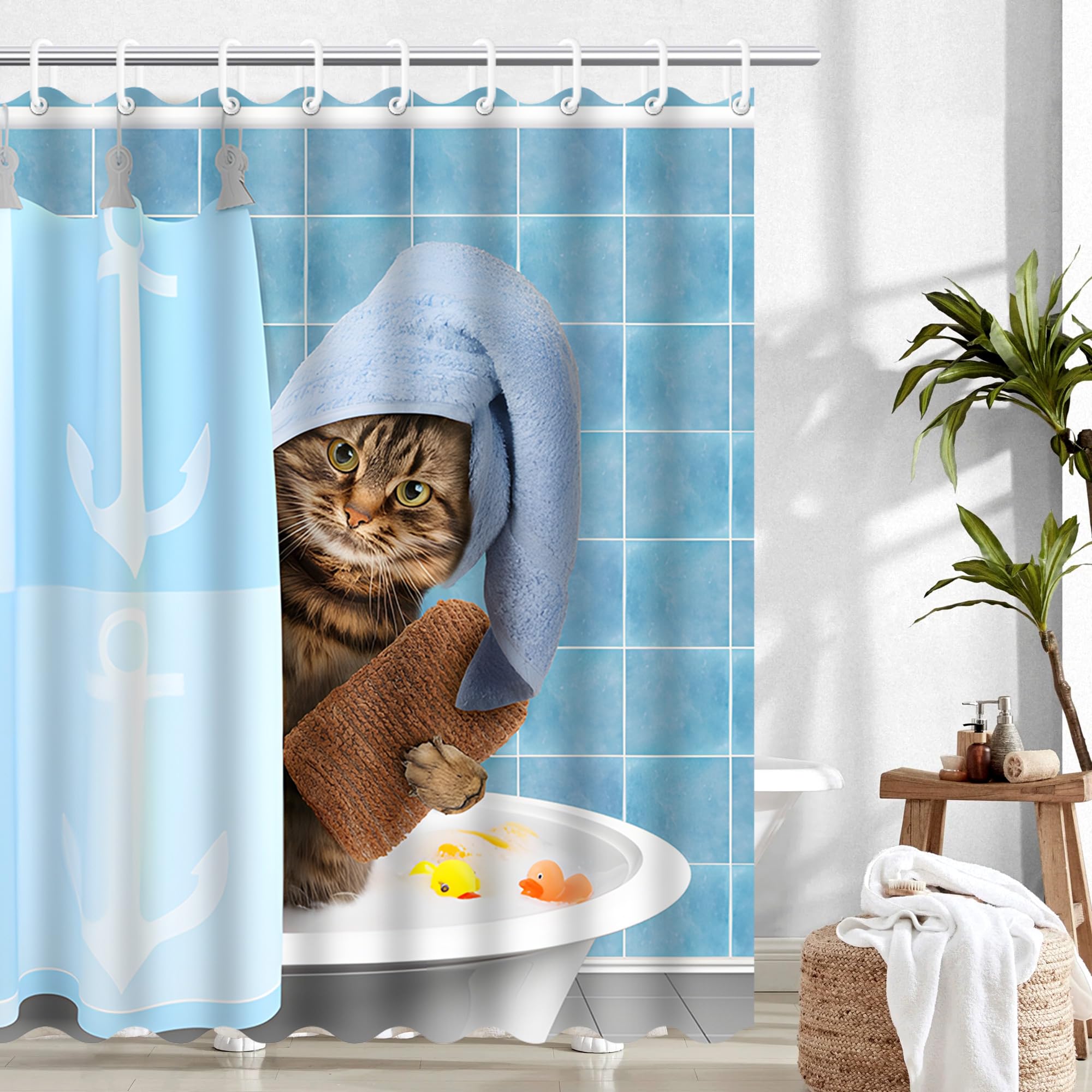 Tenda da doccia con gatto, 180 x 180 cm, impermeabile, antimuffa, con 12 ganci per doccia, blu, divertente, per vasca da bagno, doccia, per bambini, lavabile, in poliestere, per vasca da bagno