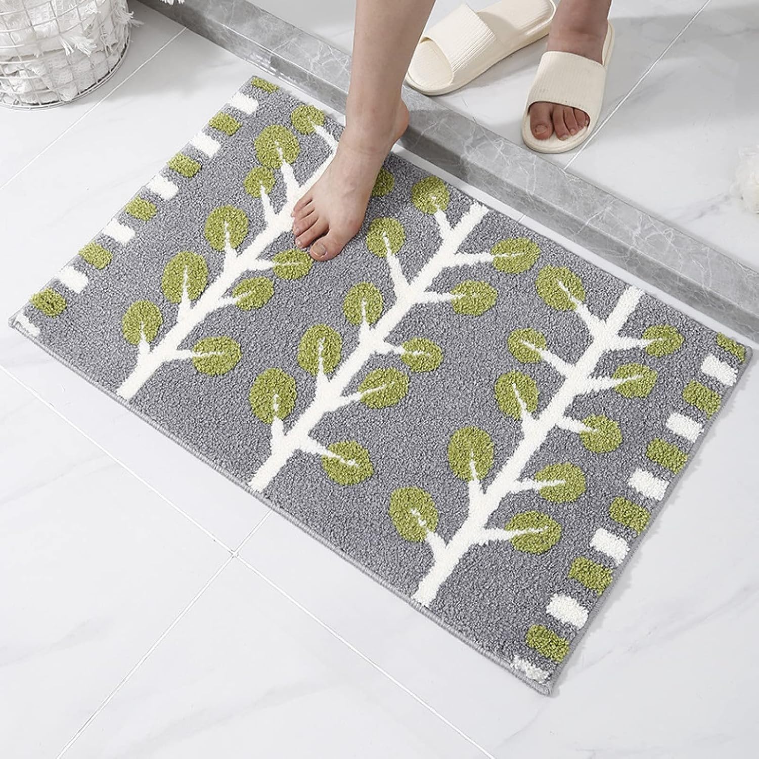 KGAIXN Soft Flannel Non Slip Bath Mat 40x60CM Green White Tree Pattern Super Absorbent Washable Bathroom Floor Mat with Rubber Bottom, 50×80cm, 50×80cm